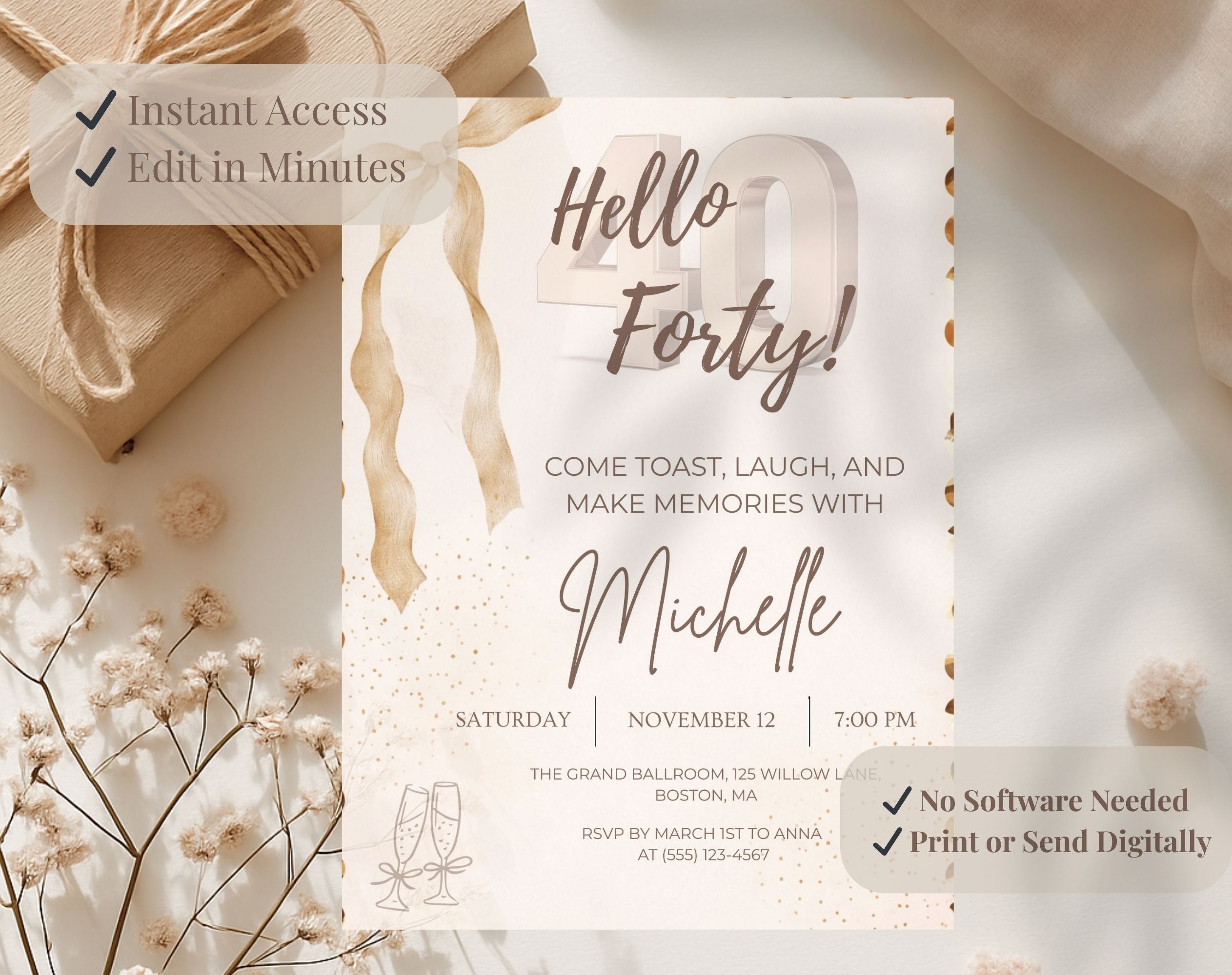 40th Birthday Invitation Beige Gold