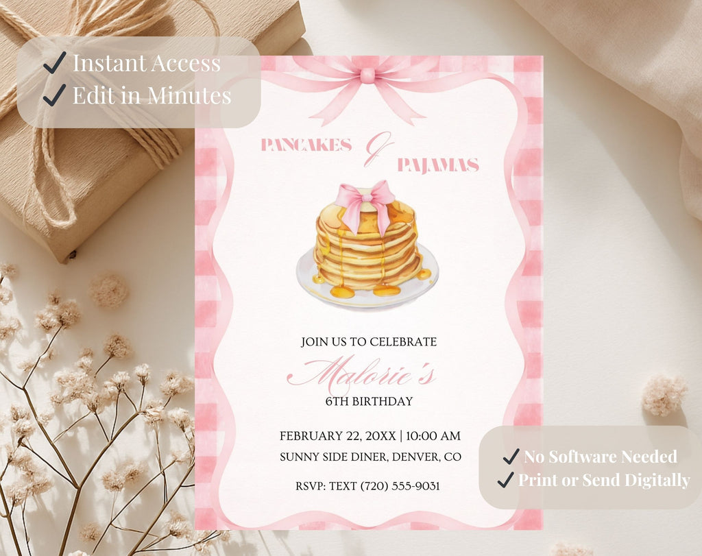 Pink Pancakes and Pajamas 6th Birthday Invitation