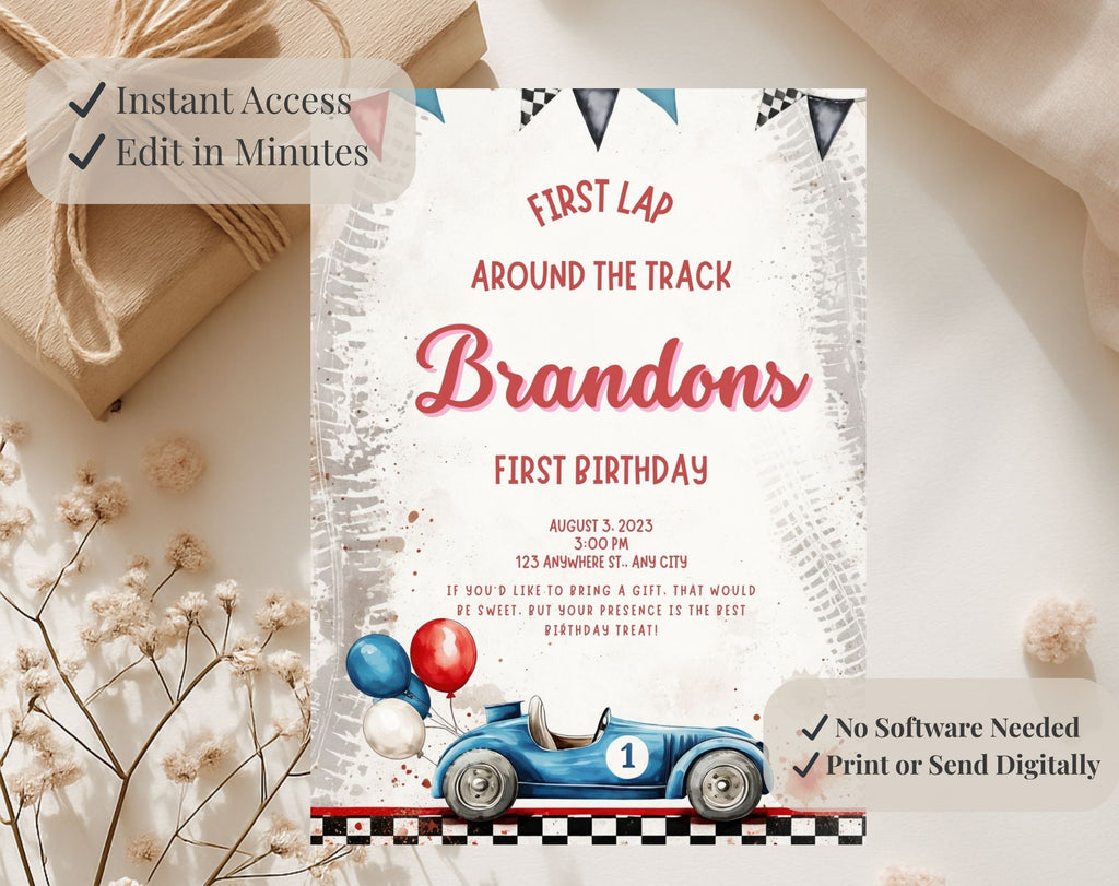 Red Blue Race Car First Birthday Invitation
