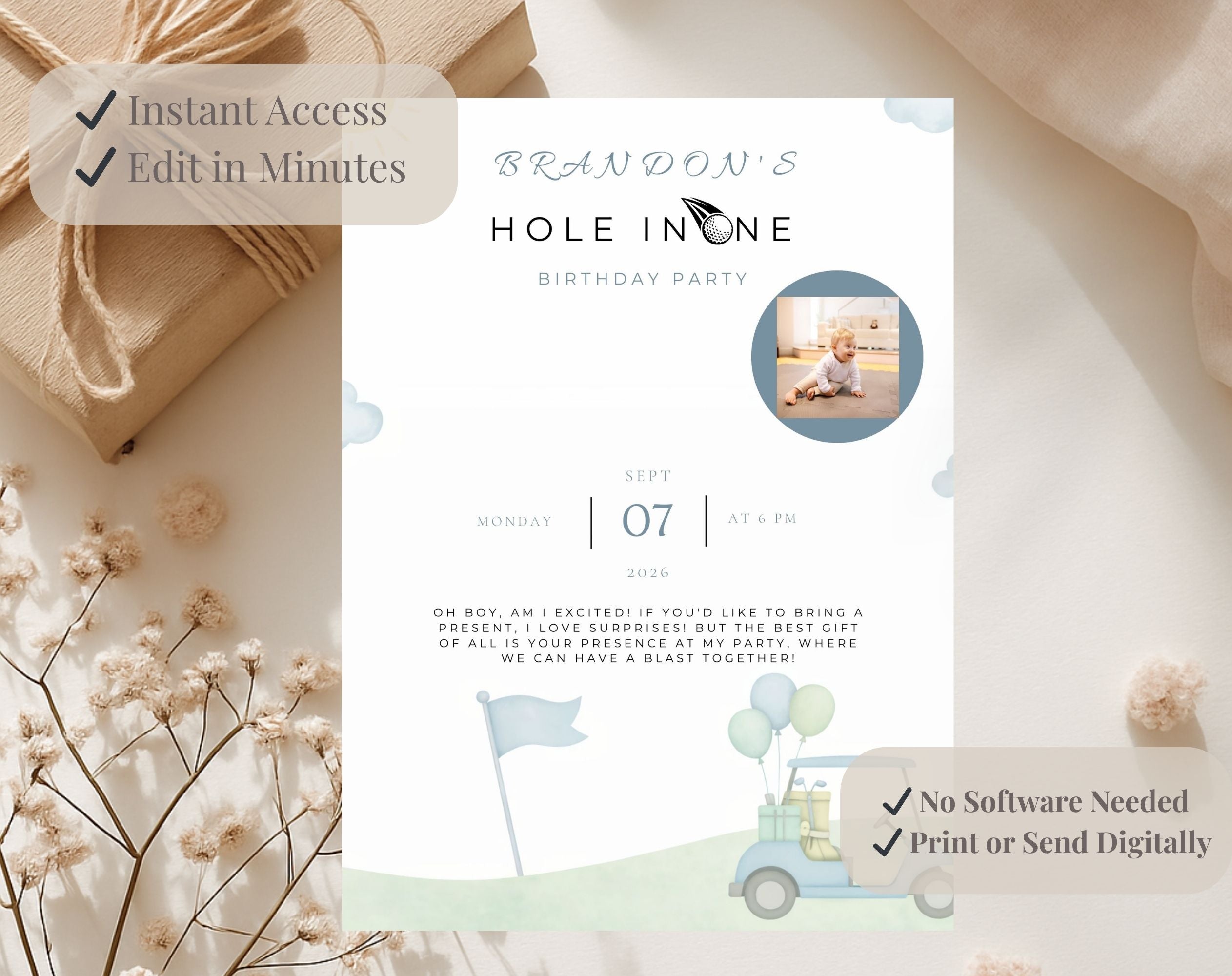 Blue and Green Hole in One Golf First Birthday Invitation