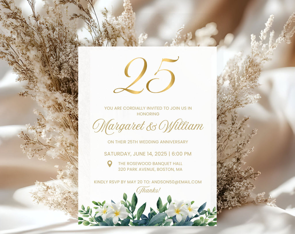25th White Gold Wedding Anniversary Invitation