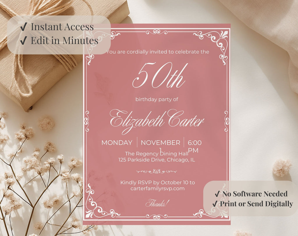 Dusty Rose Pink 50th Birthday Invitation