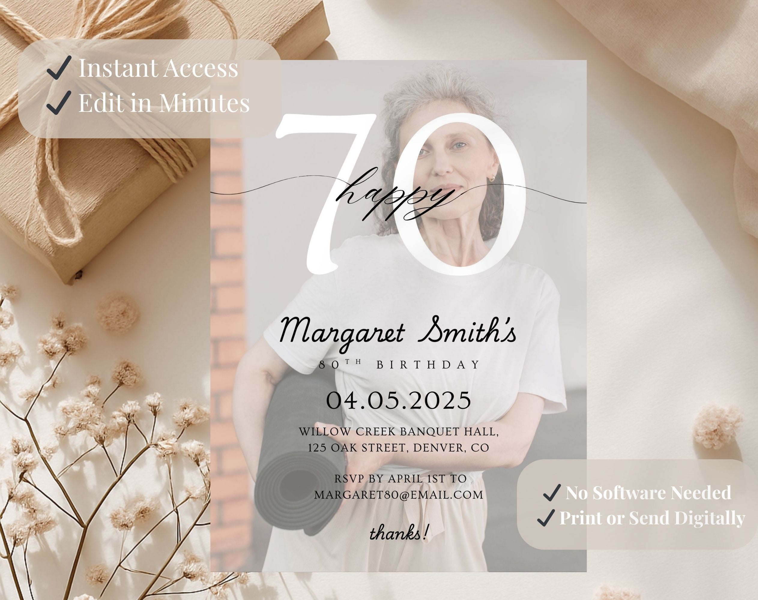 Photo Beige Minimalist 70th Birthday Invitation