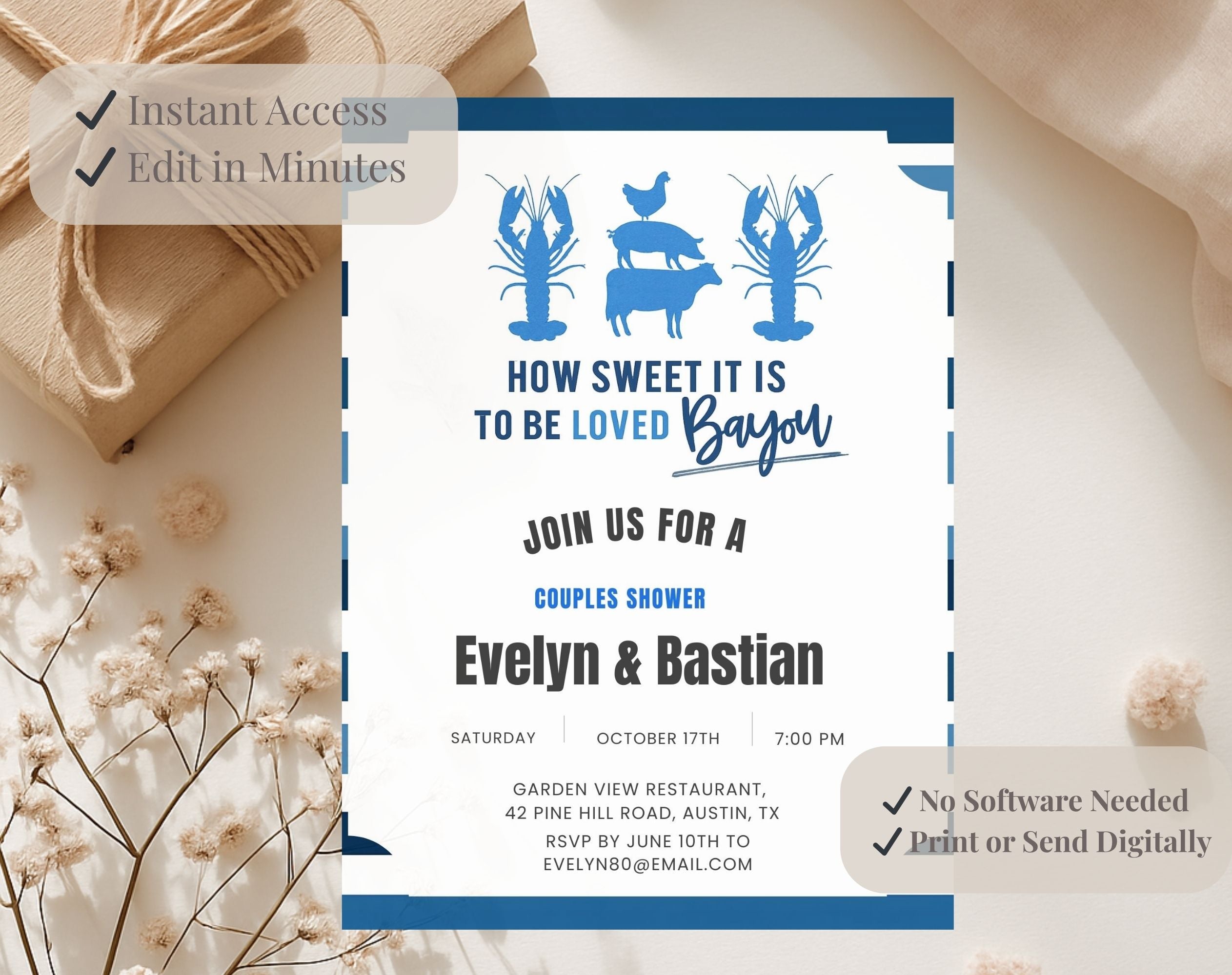Blue and White Bayou Couples Shower Invitation