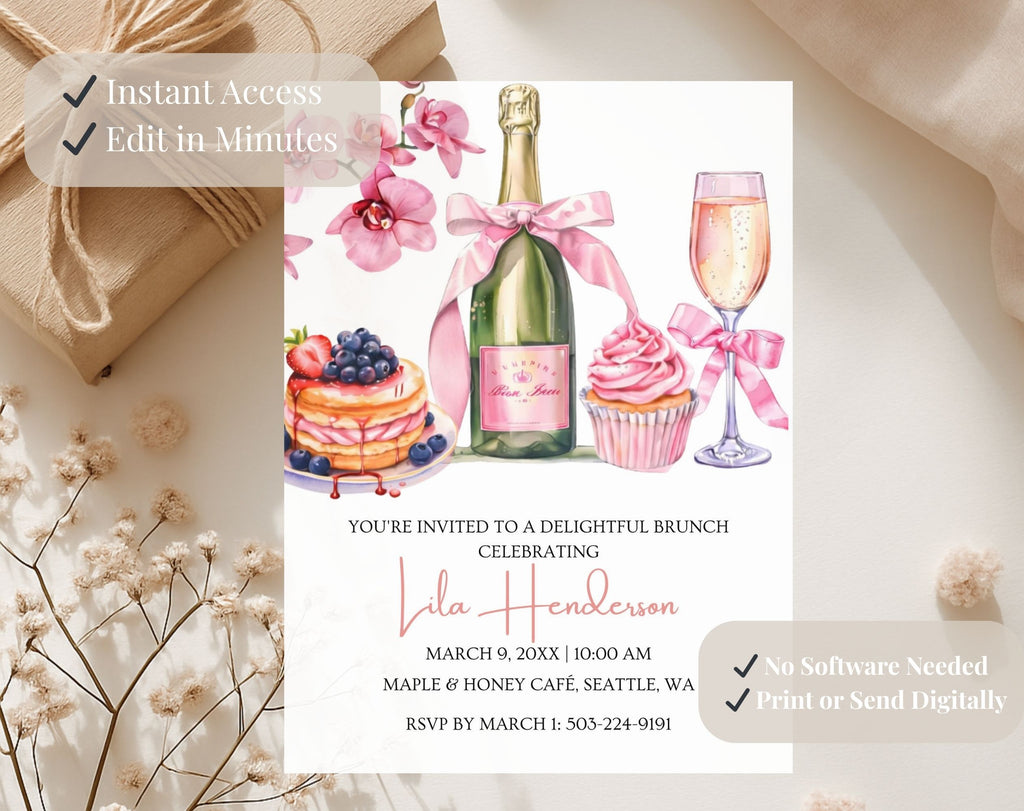 Pink and Gold Birthday Brunch Invitation