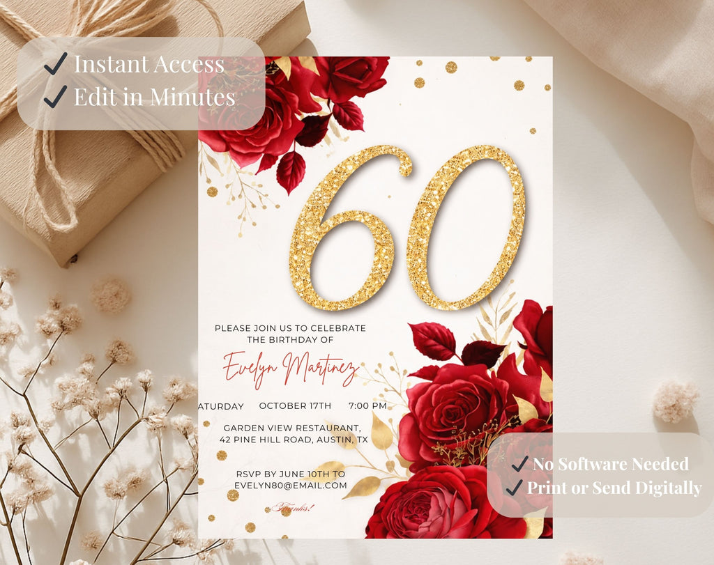 Elegant red golden 60th Birthday Invitation