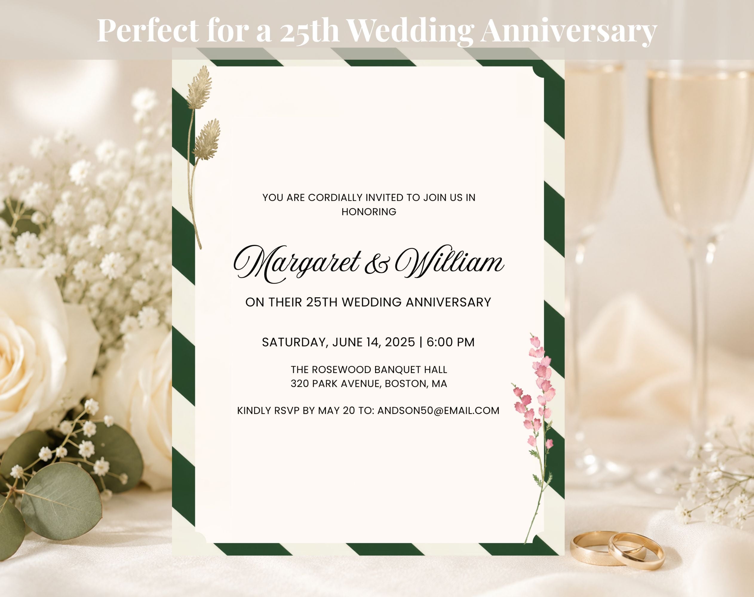 Elegant Green White 25th Anniversary Invitation