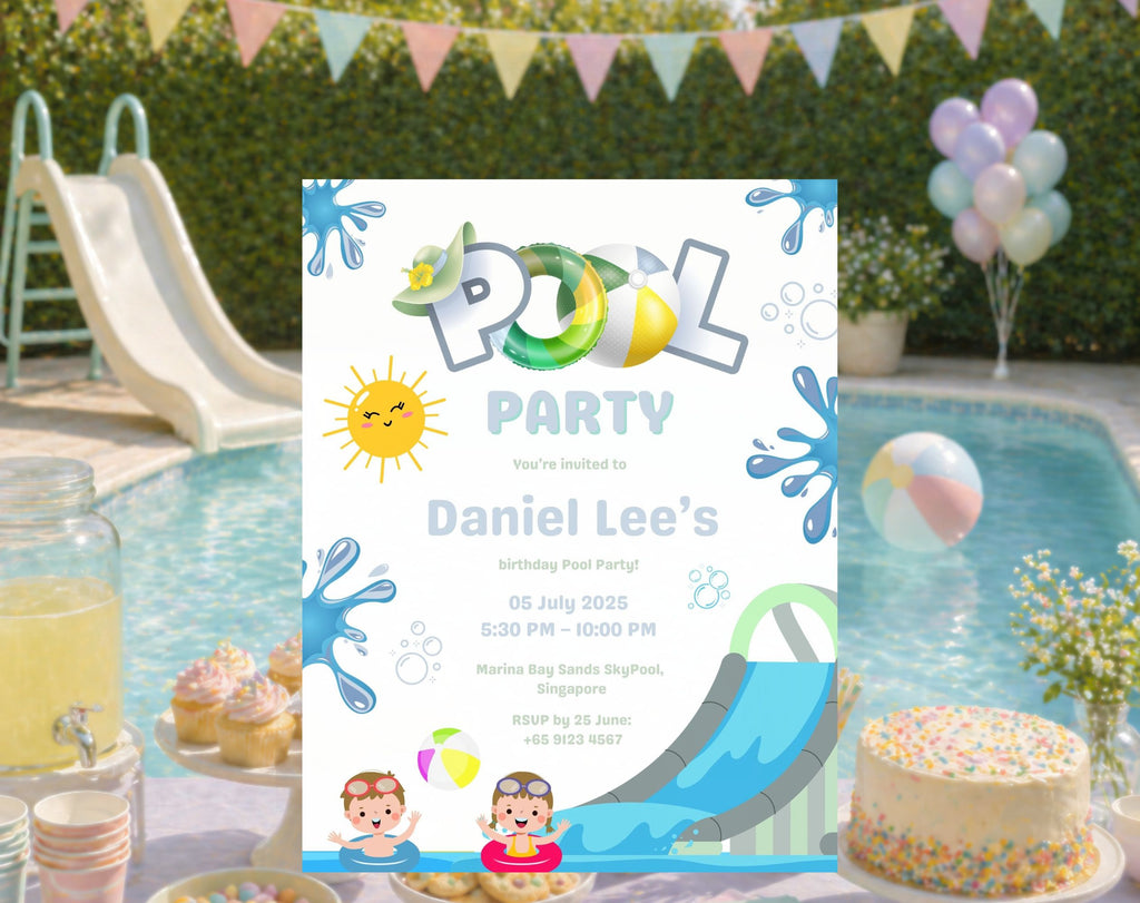 Blue Green Pool Party Kids birthday Invitation