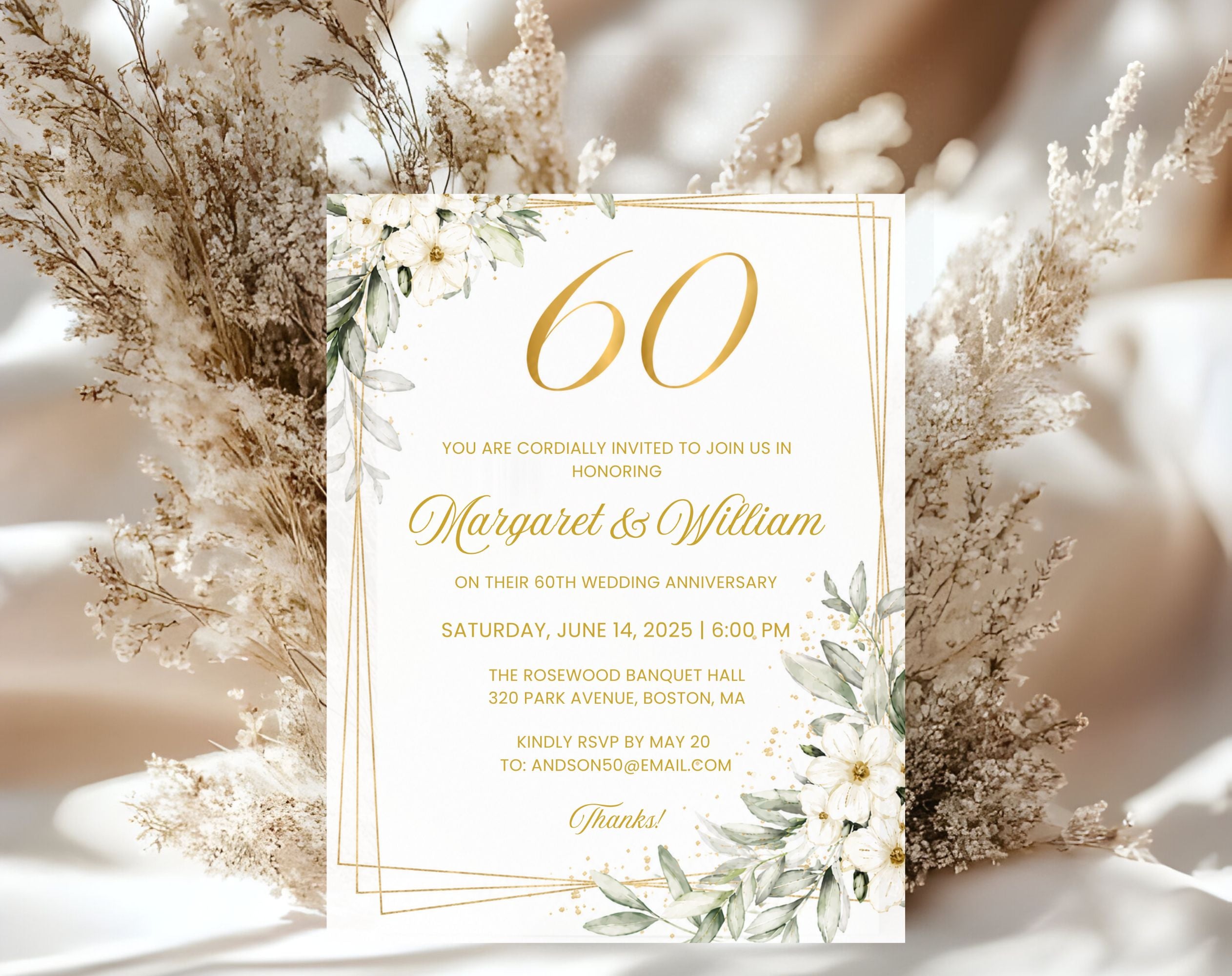 White Gold Floral 60th Wedding Anniversary Invitation