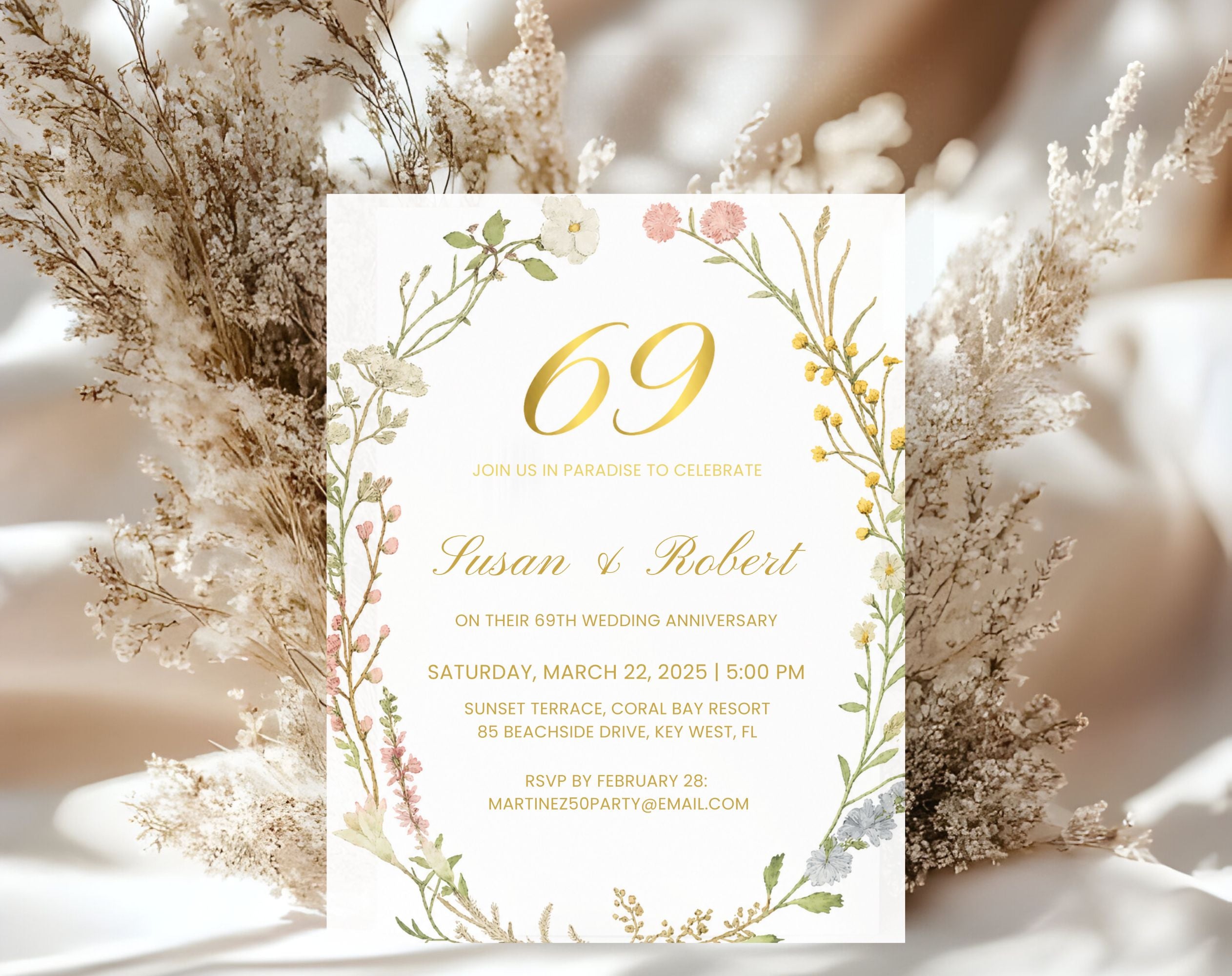 69th gold floral Wedding Anniversary Invitation