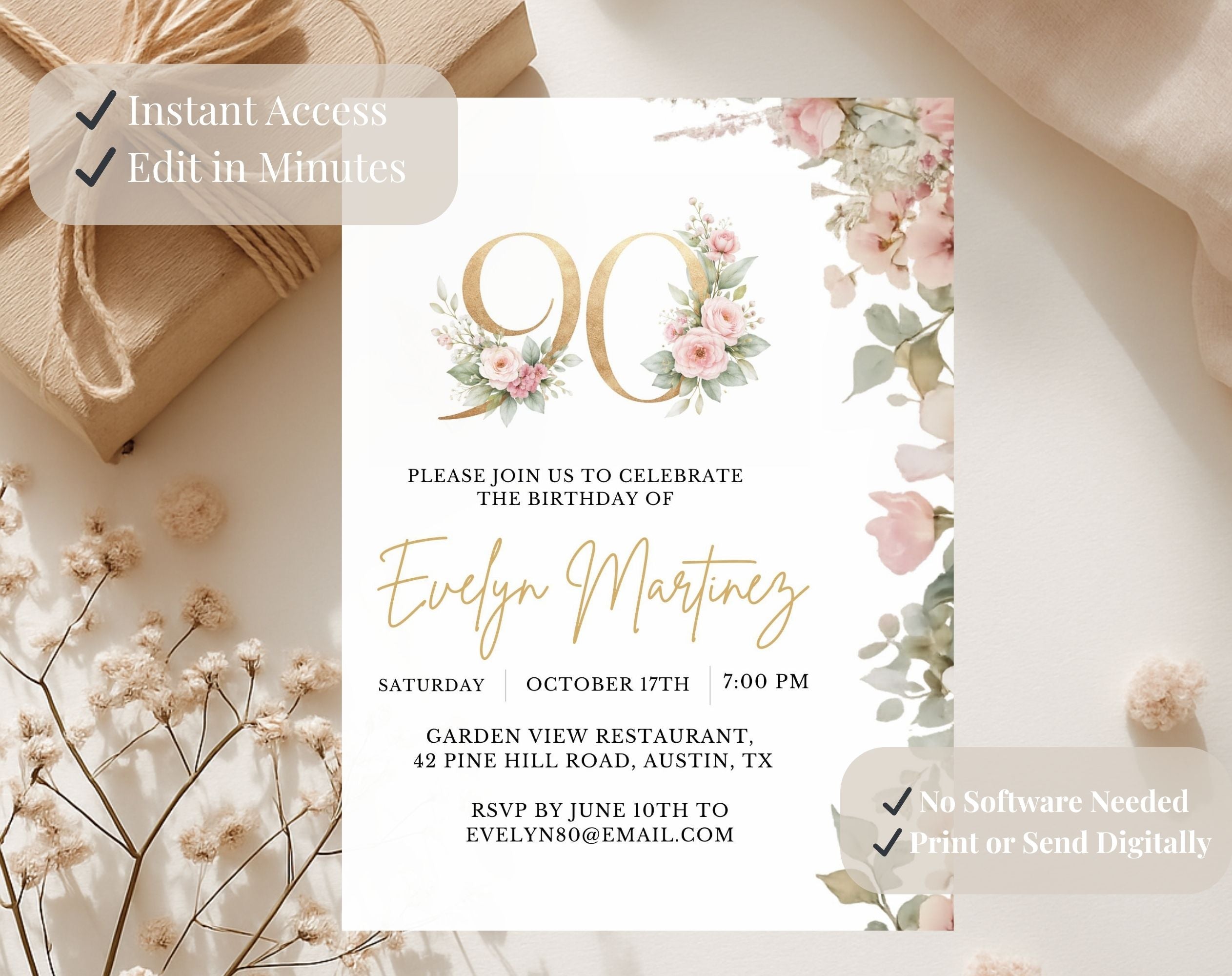 Blush Pink and Gold Floral 90th Birthday Invitation