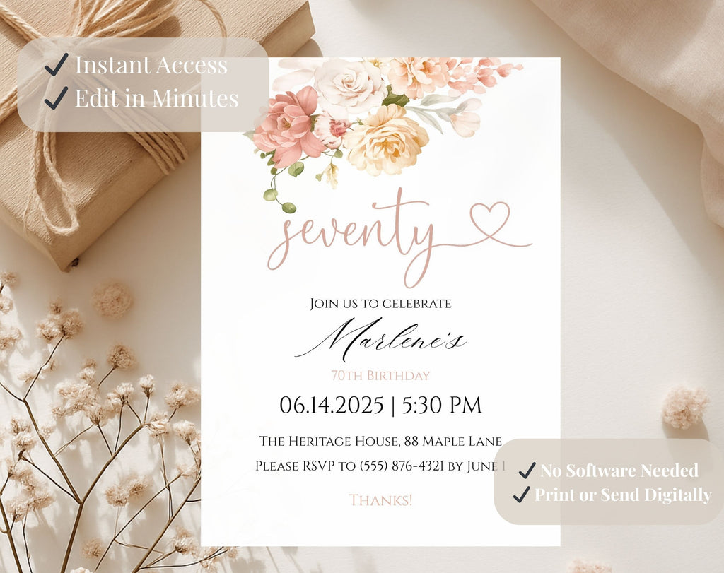 White Elegant Peach Floral 70th Birthday Invitation