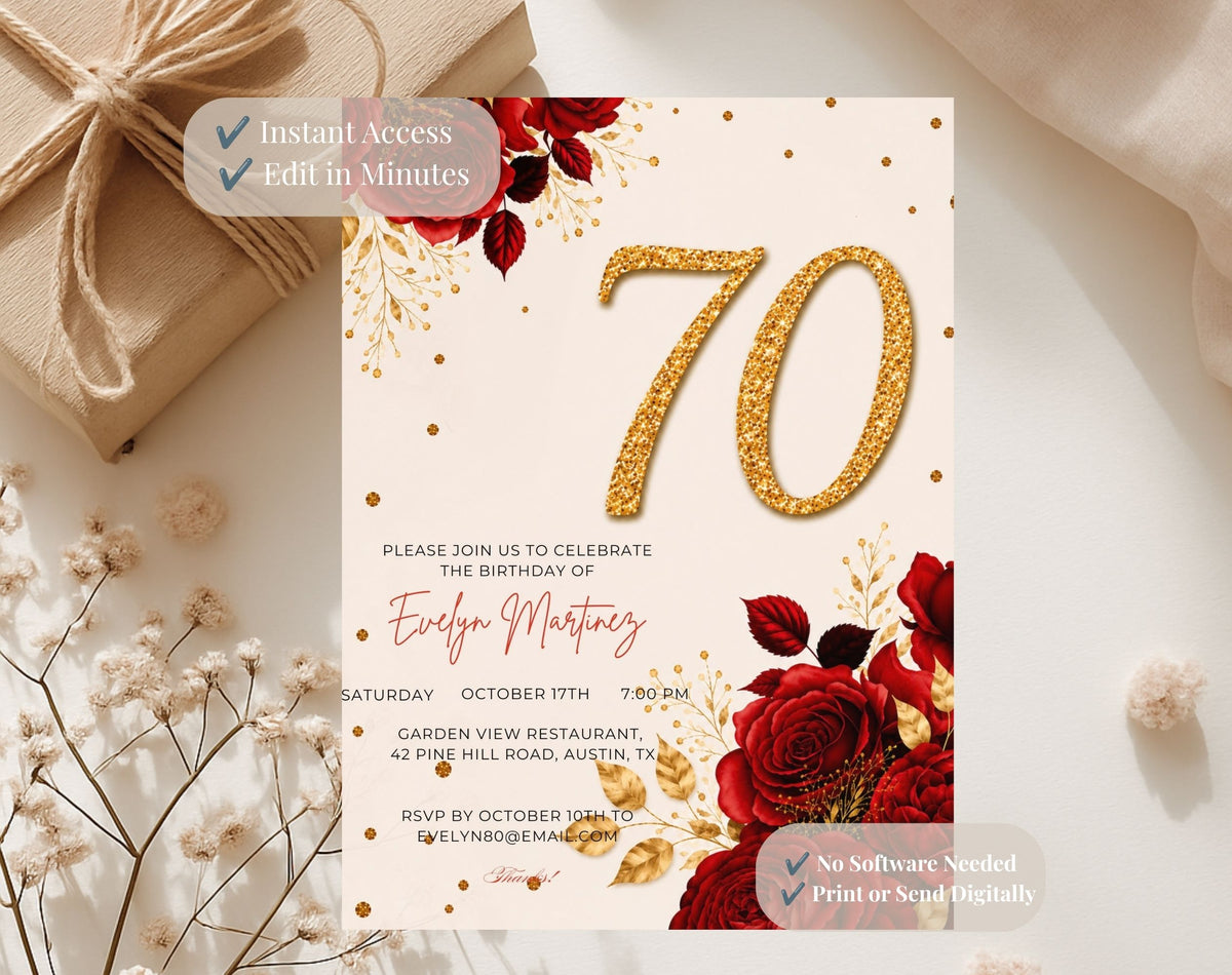 Elegant Red Rose 70th Birthday Invitation