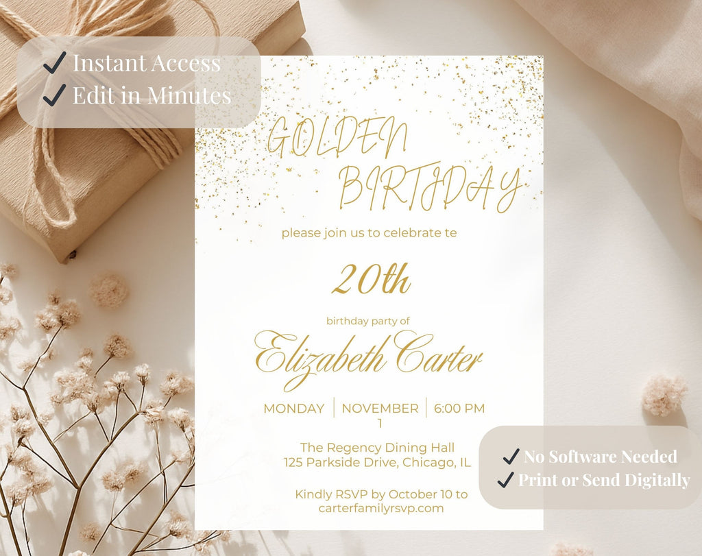 White and Gold 20th Birthday Invitation