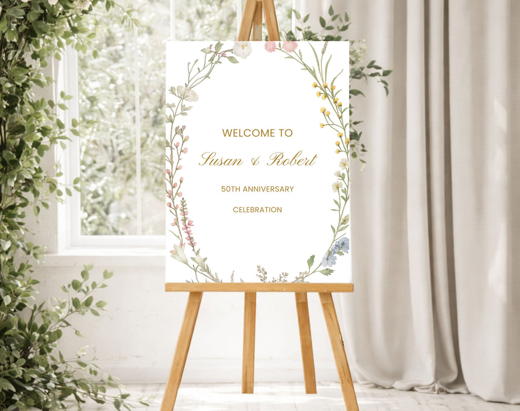 White Floral 50th Anniversary Welcome Sign
