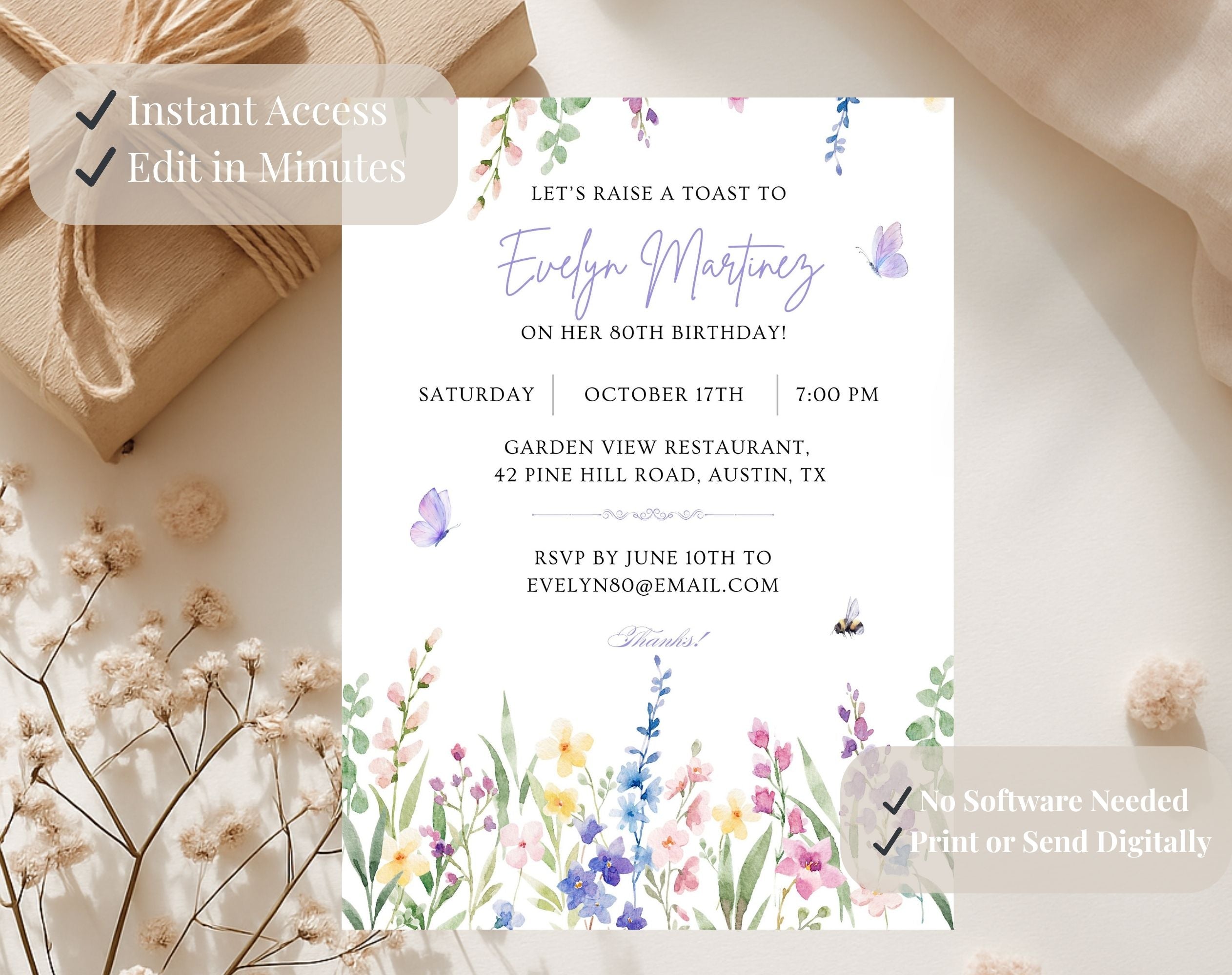 Floral 80th Birthday Invitation