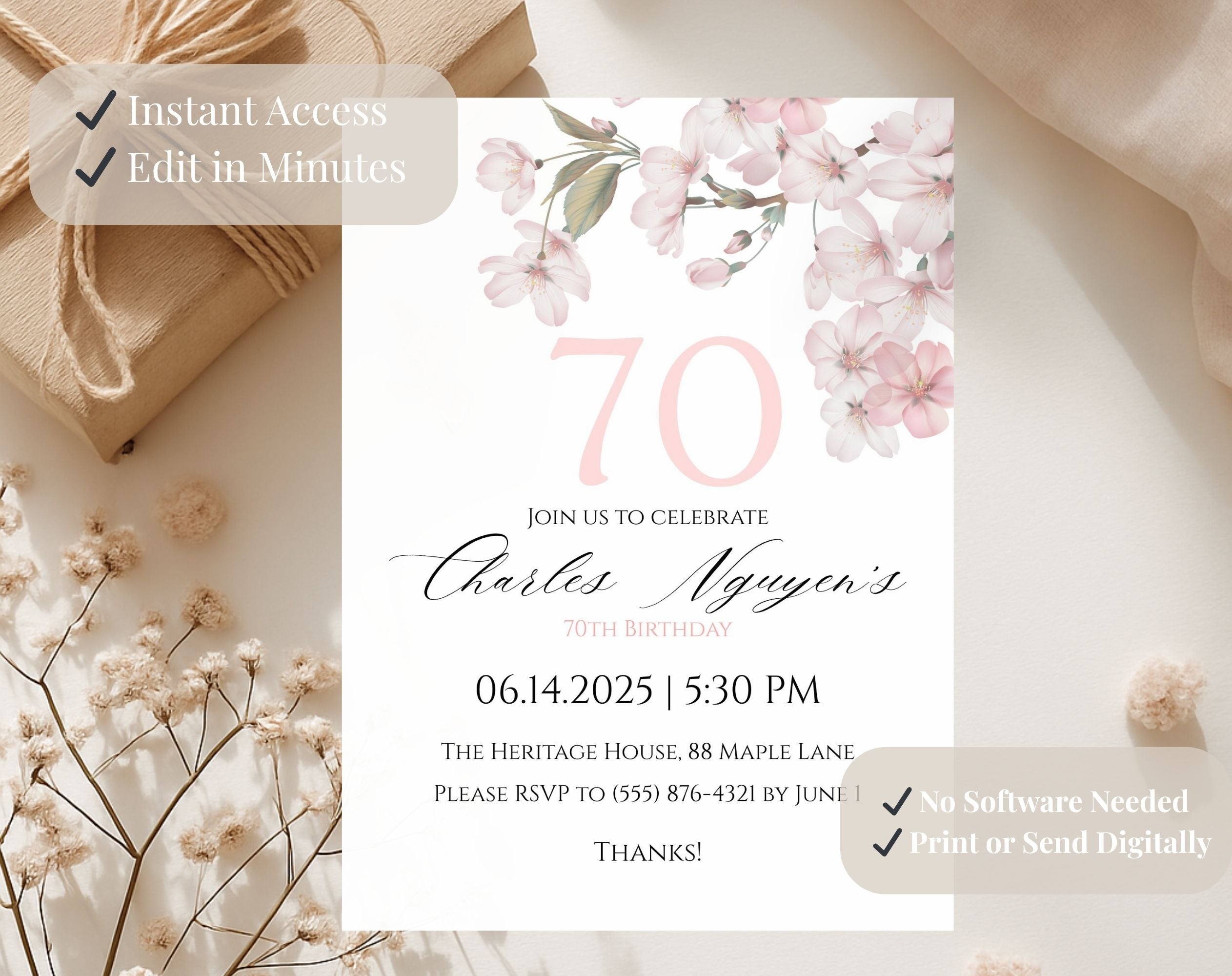 White Elegant Pink Cherry Blossom 70th Birthday Invitation
