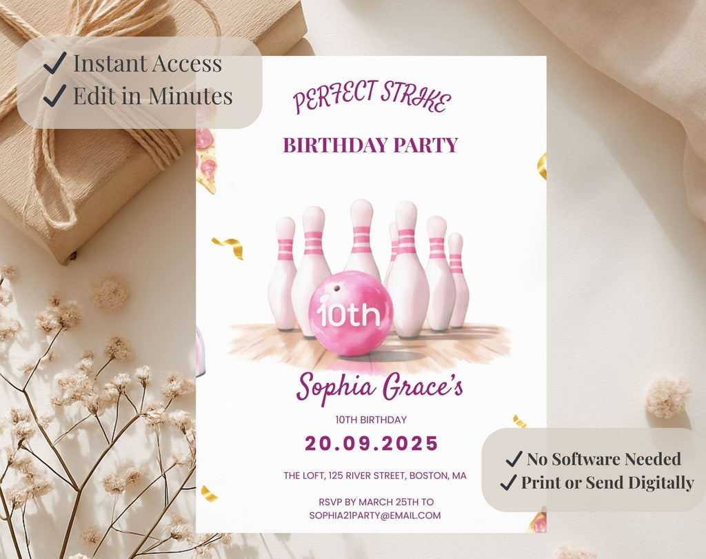 Girls Pink Bowling 10th Birthday Invitation