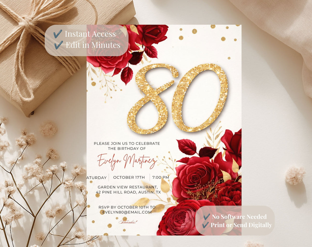 Elegant Floral Red and Gold 80th Birthday Invitation