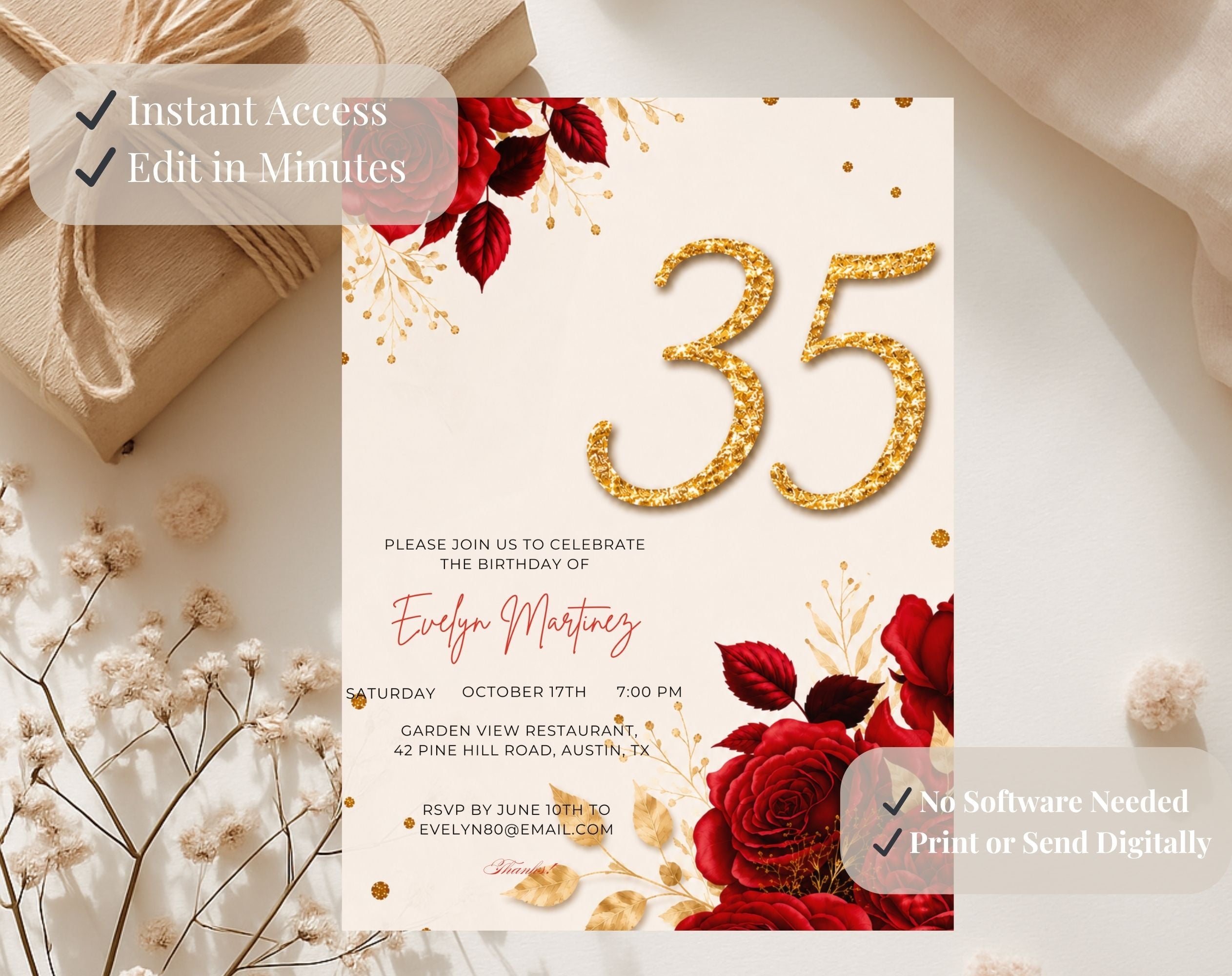 Elegant Red rose 35th Birthday Invitation