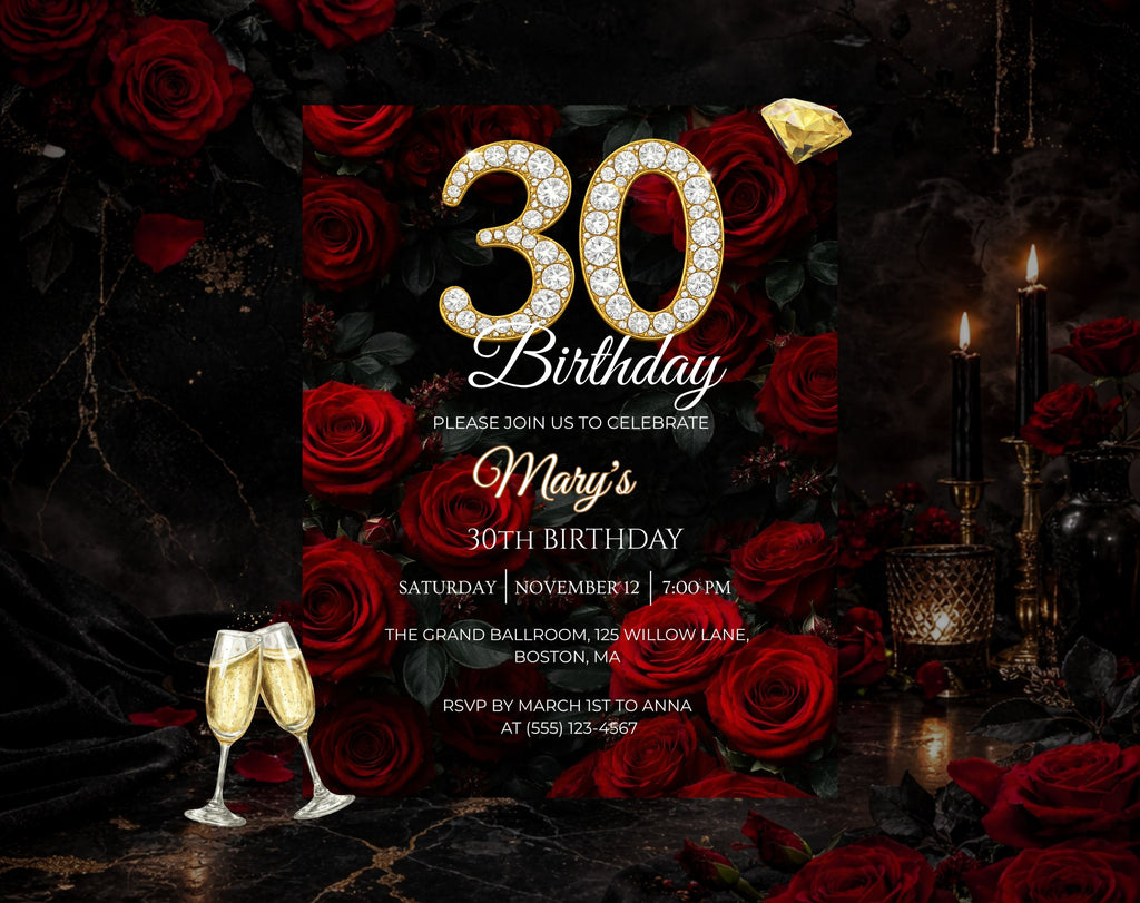 Red Rose 30th Birthday Invitation