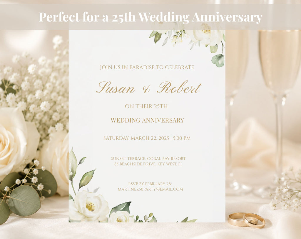 White Gold Floral 25th Wedding Anniversary