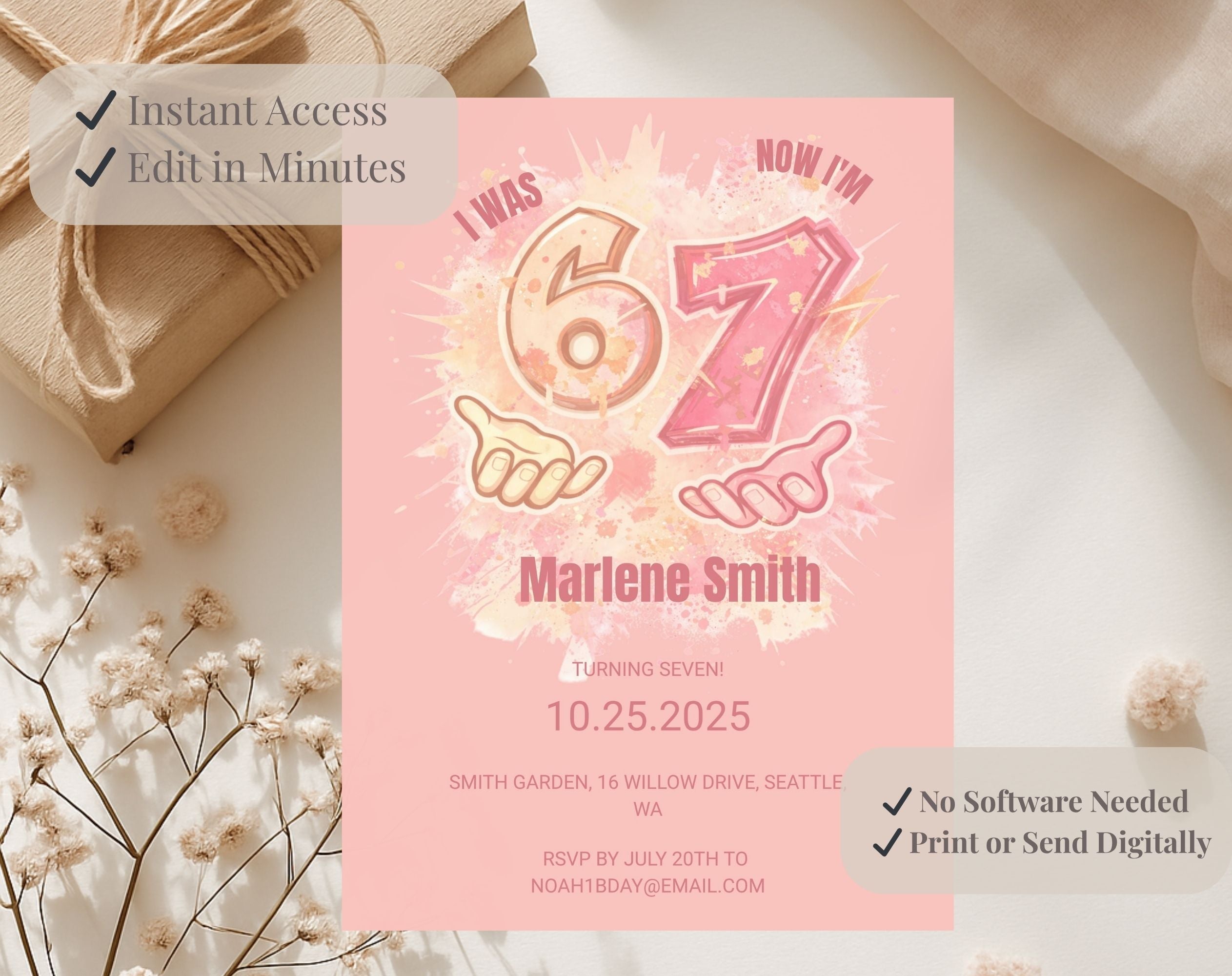 six seven Pink Kids 7th Birthday Invitation