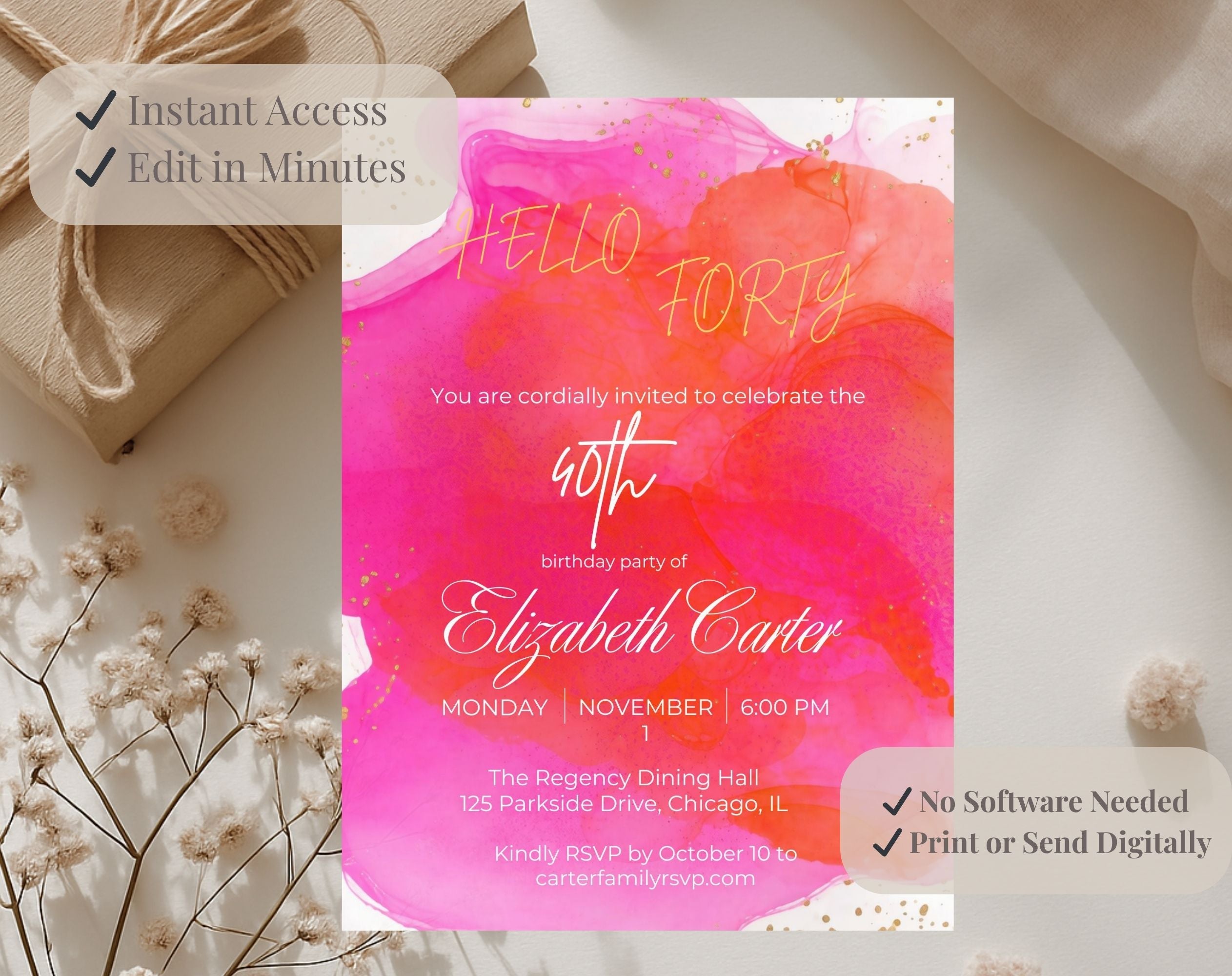 Pink 40th Birthday Invitation
