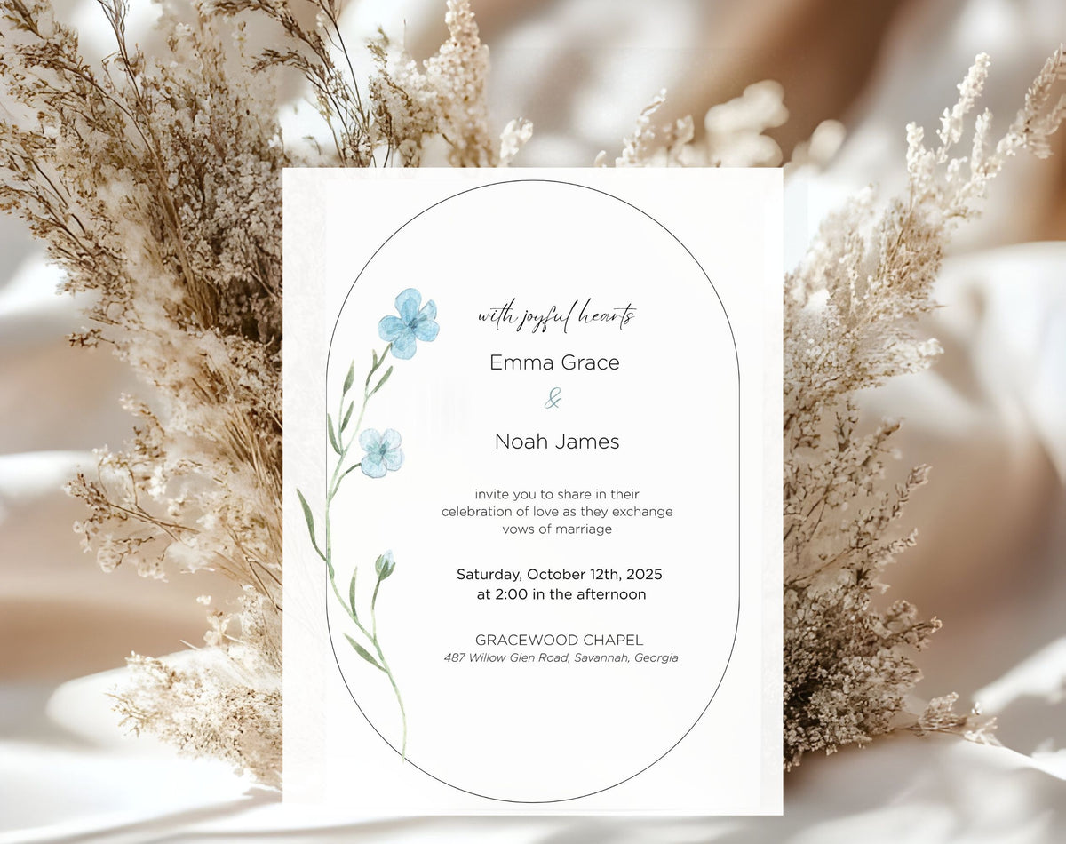Blue Wildflower Wedding Invitation Template | Editable Minimalist Floral Wedding Invite