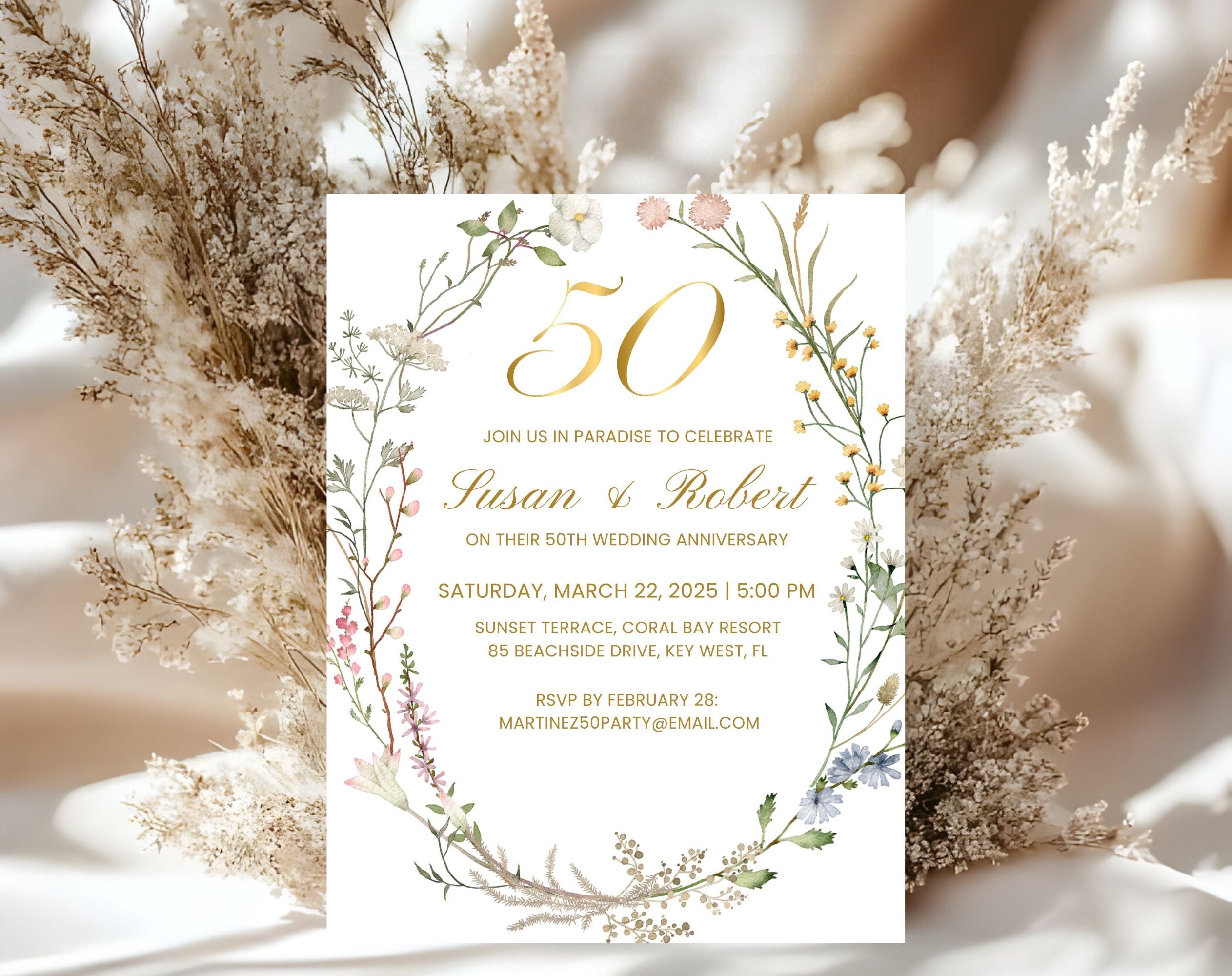 White Floral 50th Anniversary Invitation