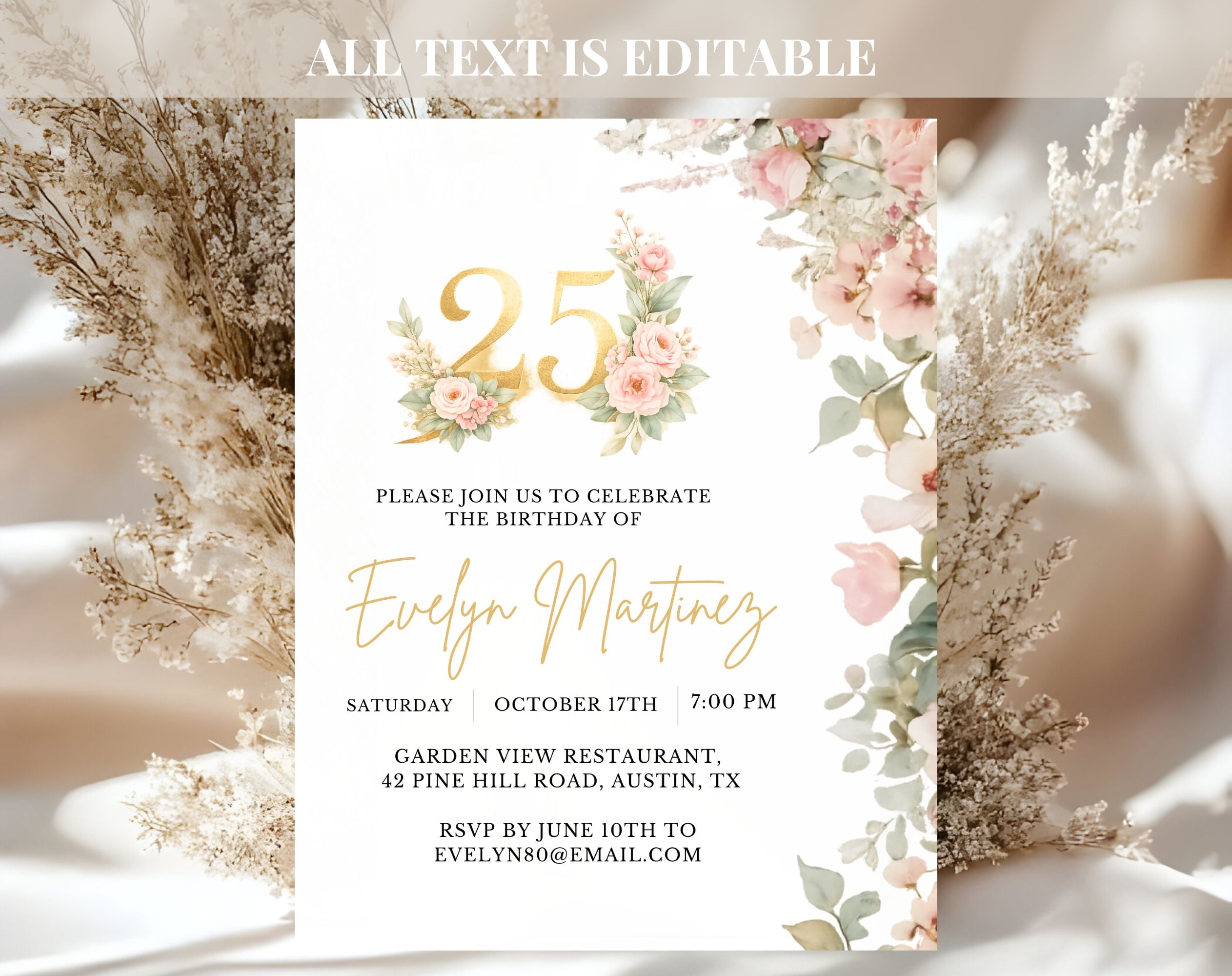 Elegant Floral 25th Birthday Invitation