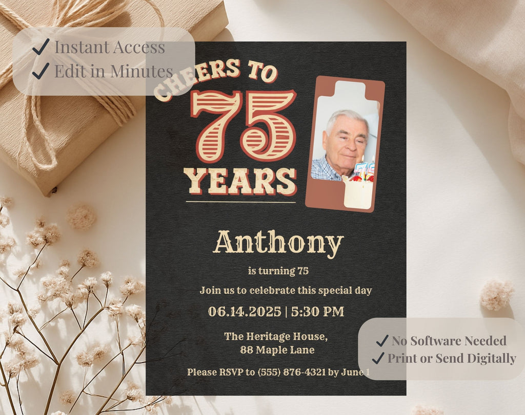 Vintage Black 75th Birthday Invitation