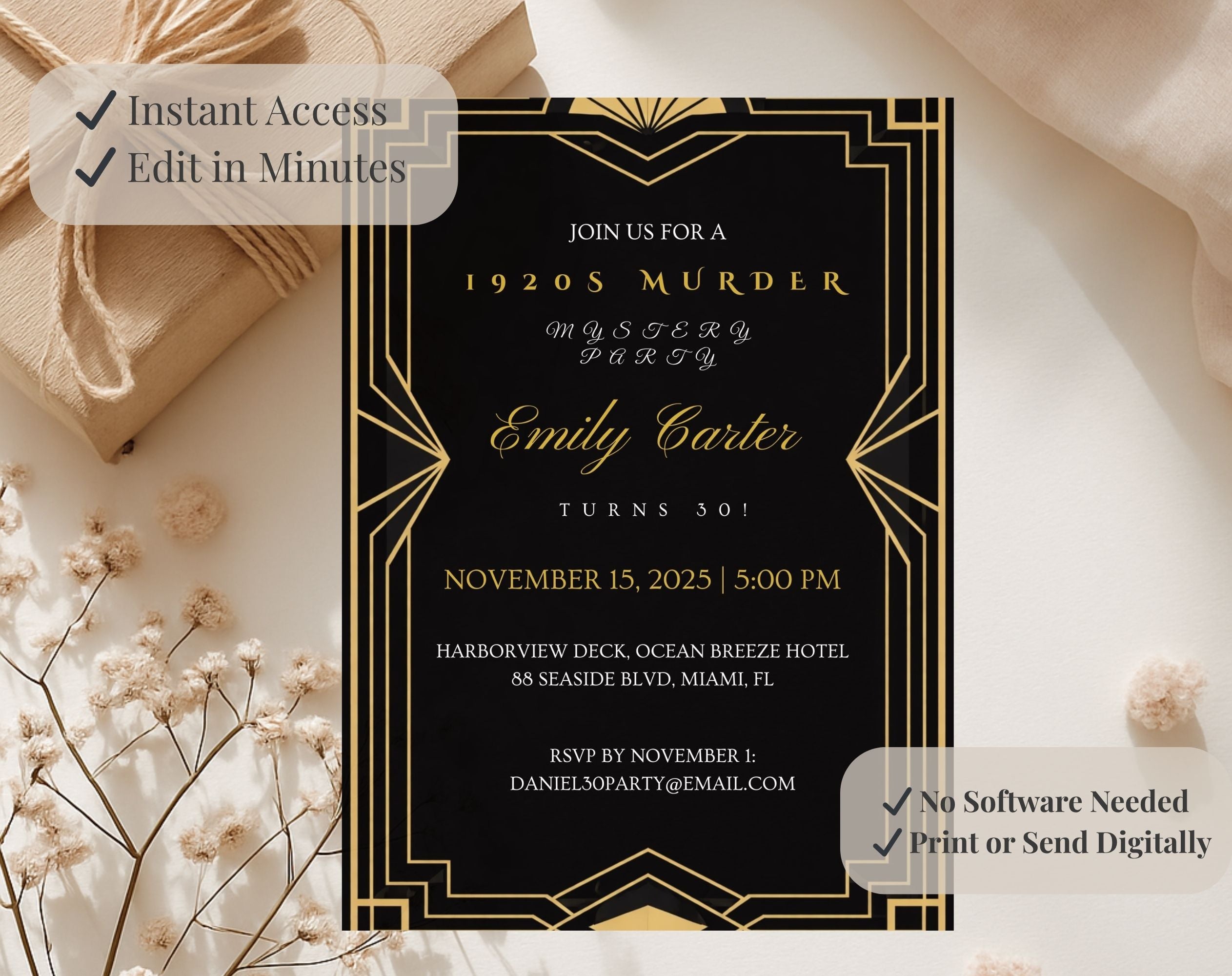 Black and Gold 1920s Murder Mystery 30th Birthday Invitation