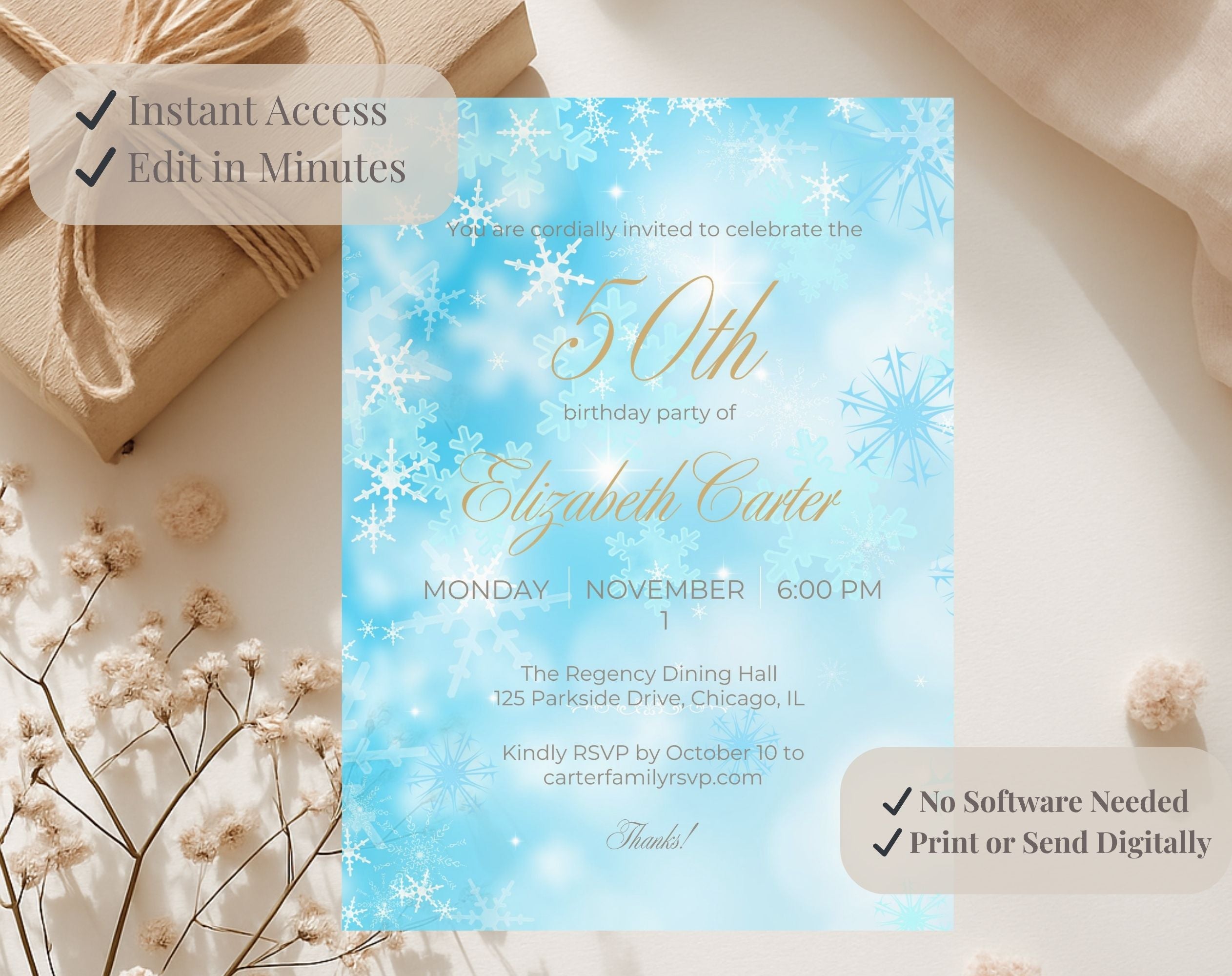 Winter Birthday Invitation Blue Snowflake 50th Party Invite Editable Template Evite Instant Download