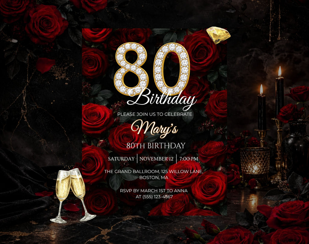 Luxury Red Rose 80th Birthday Invitation