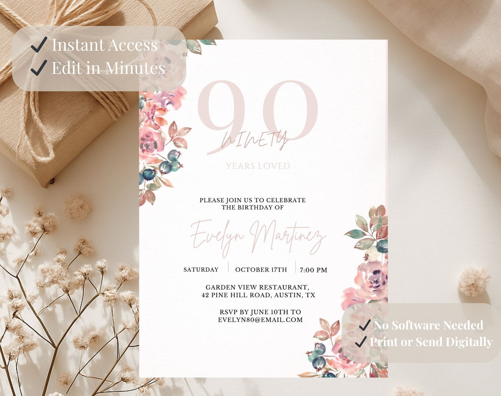 Blush Pink Floral 90th Birthday Invitation