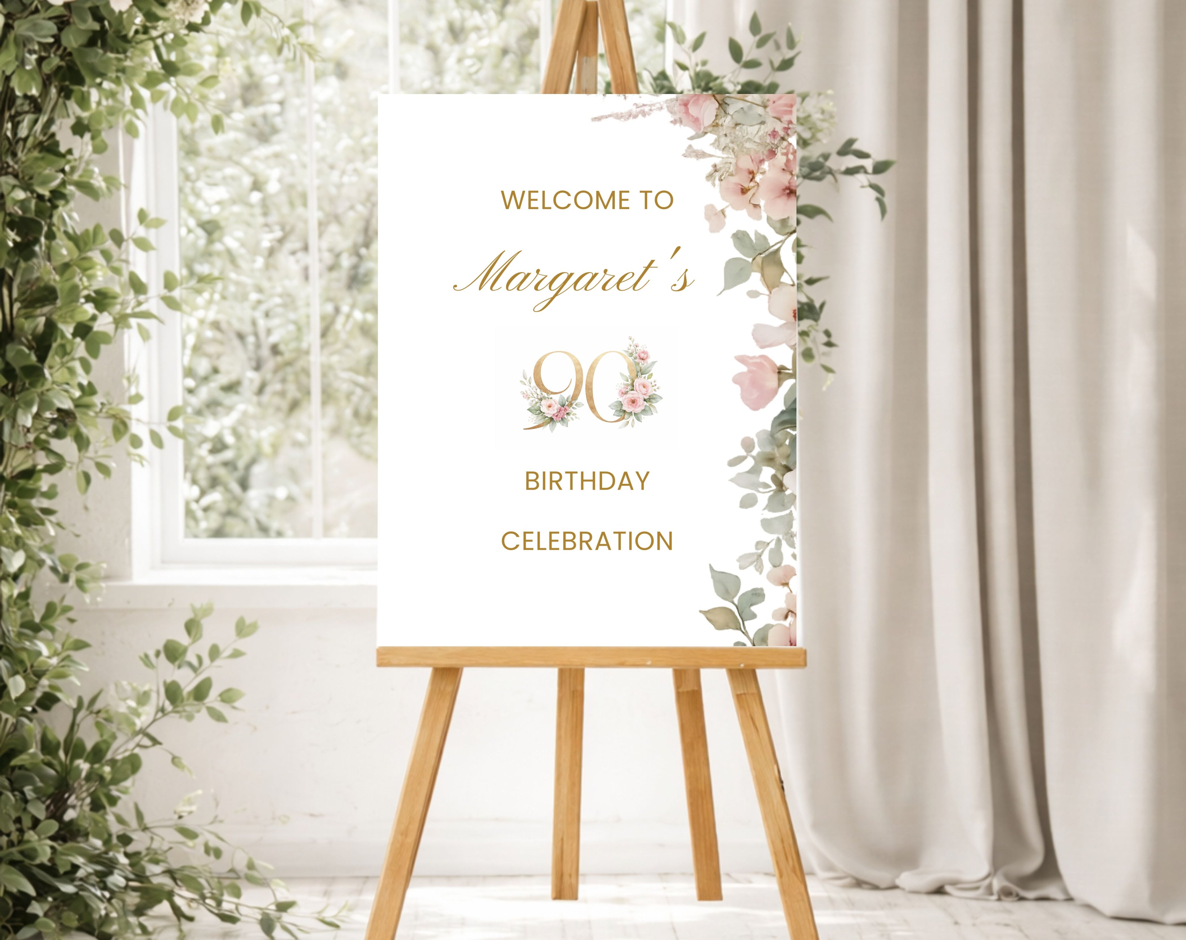 Elegant Pink 90th Birthday Welcome Sign