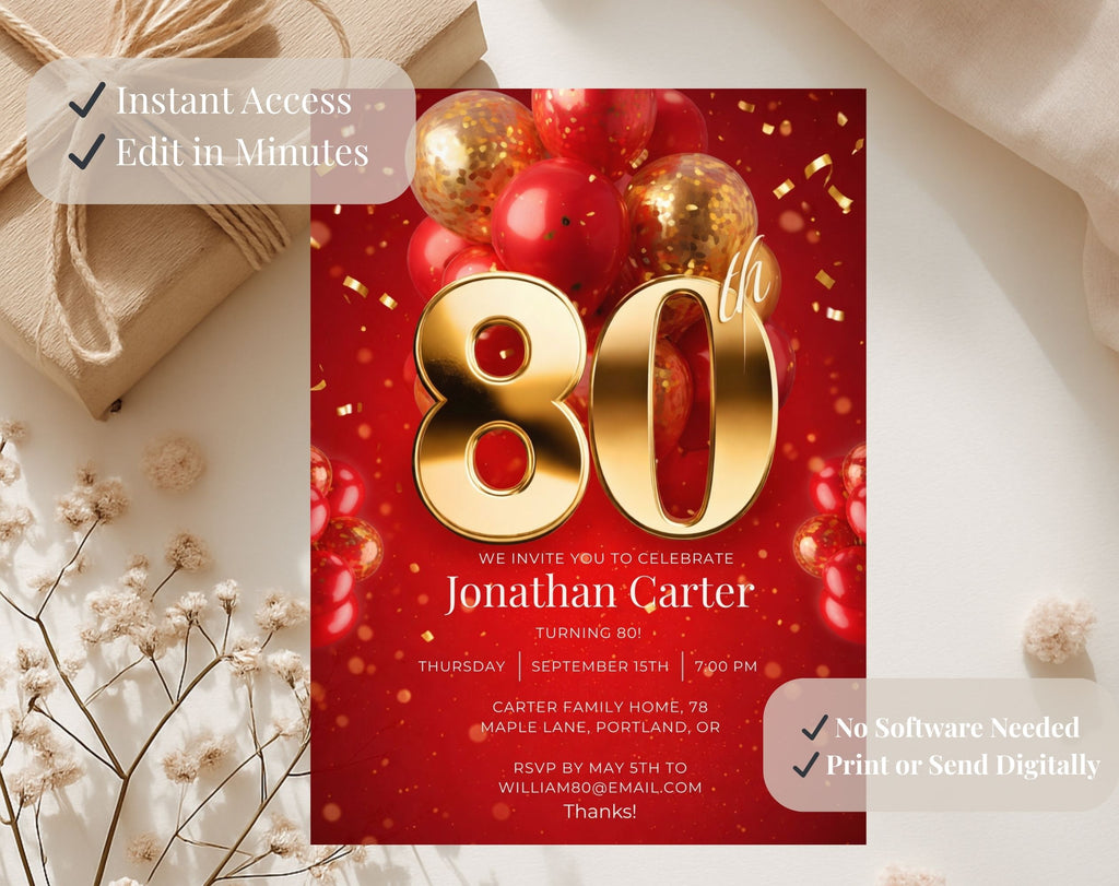 Red Gold 80th Birthday Invitation