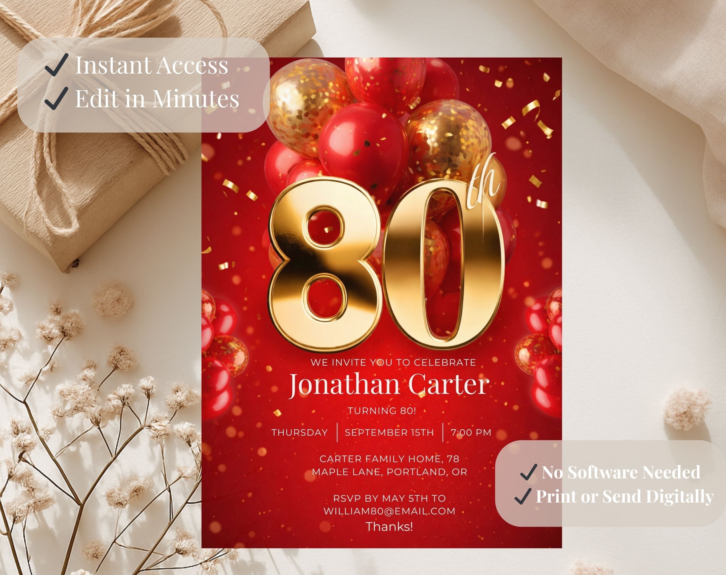 Red Gold 80th Birthday Invitation