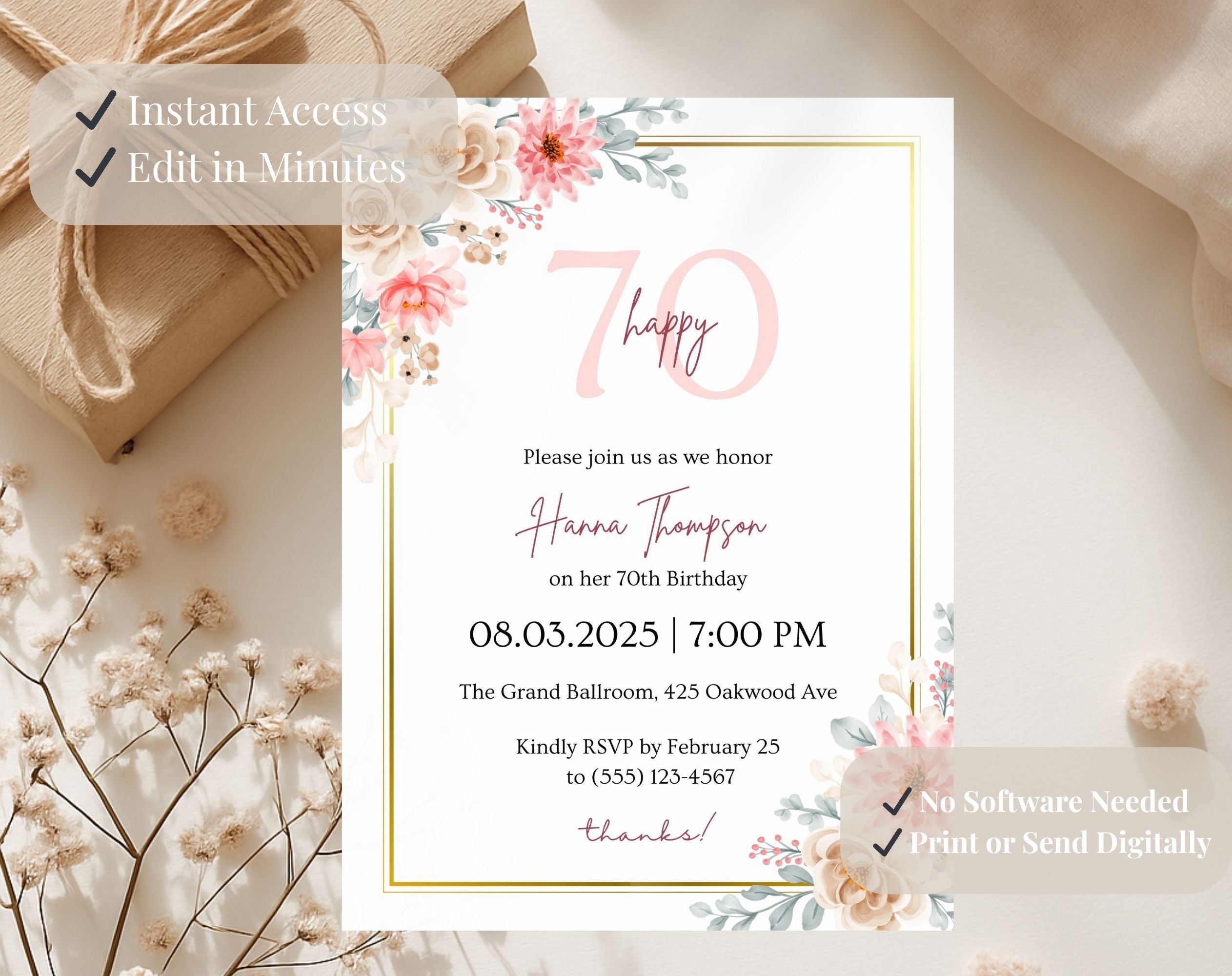 Pink Floral 70th Birthday Invitation