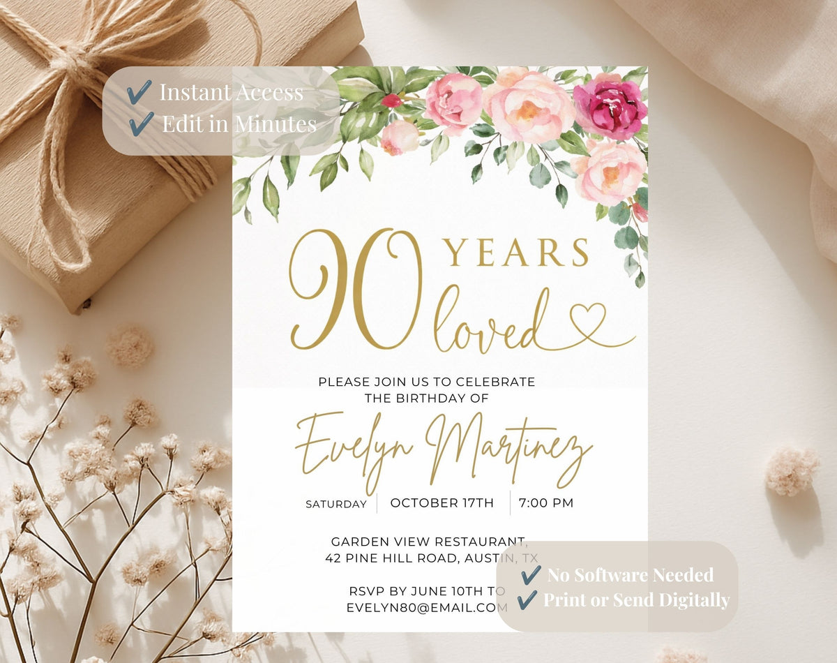 Gold Floral 90th Birthday Invitation
