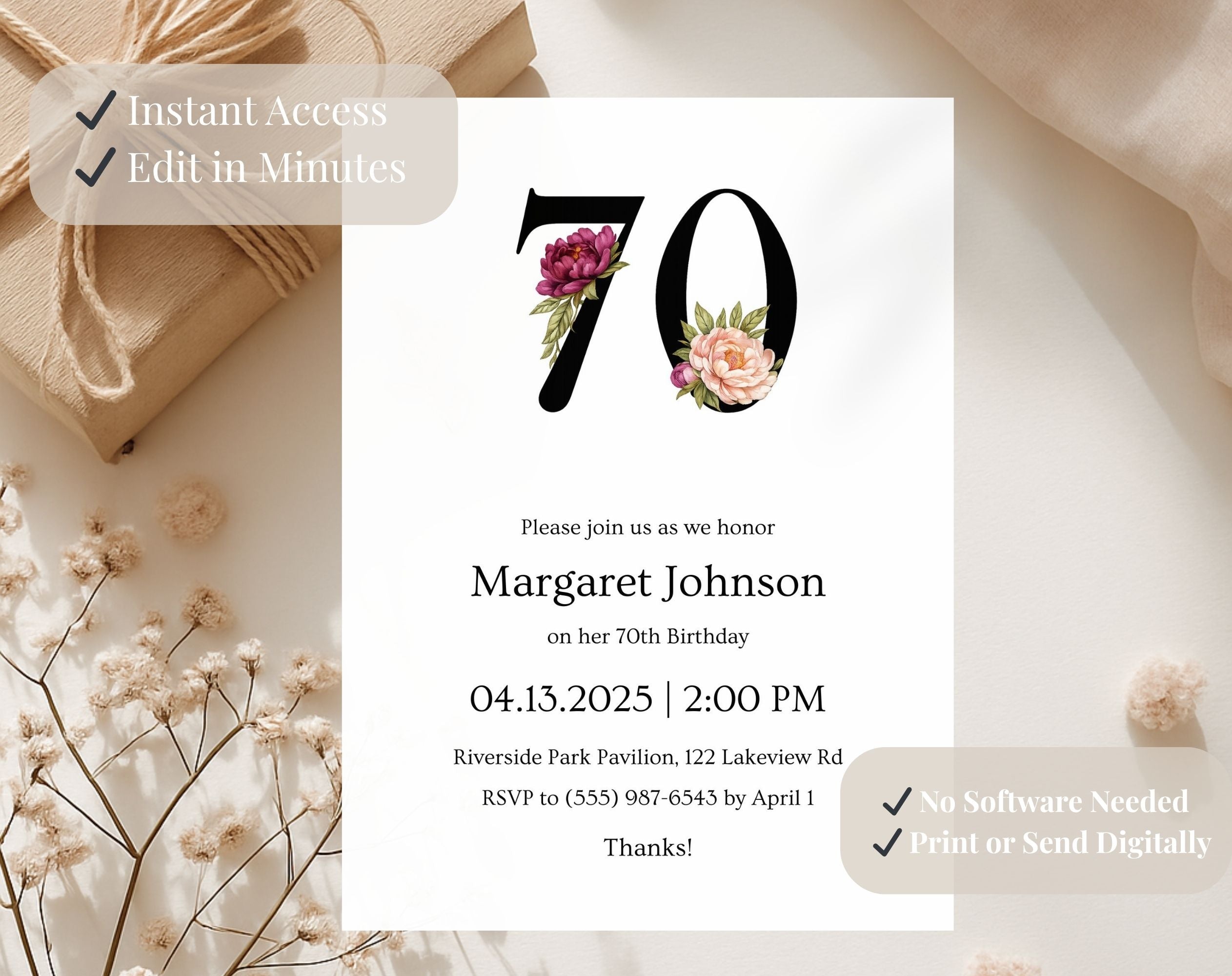 Black Elegant Floral 70th Birthday Invitation