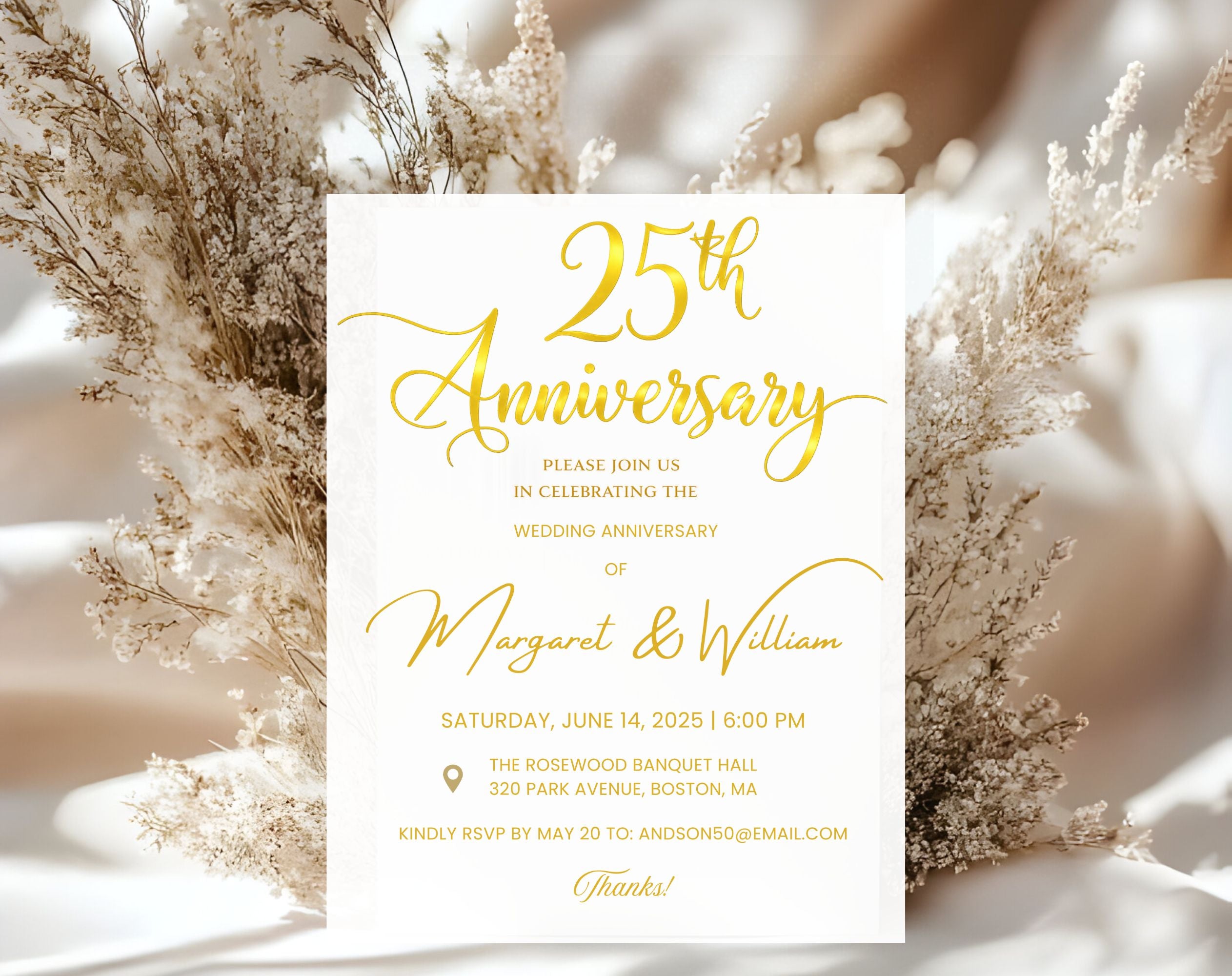 Golden 25th  Wedding Anniversary Invite White Gold