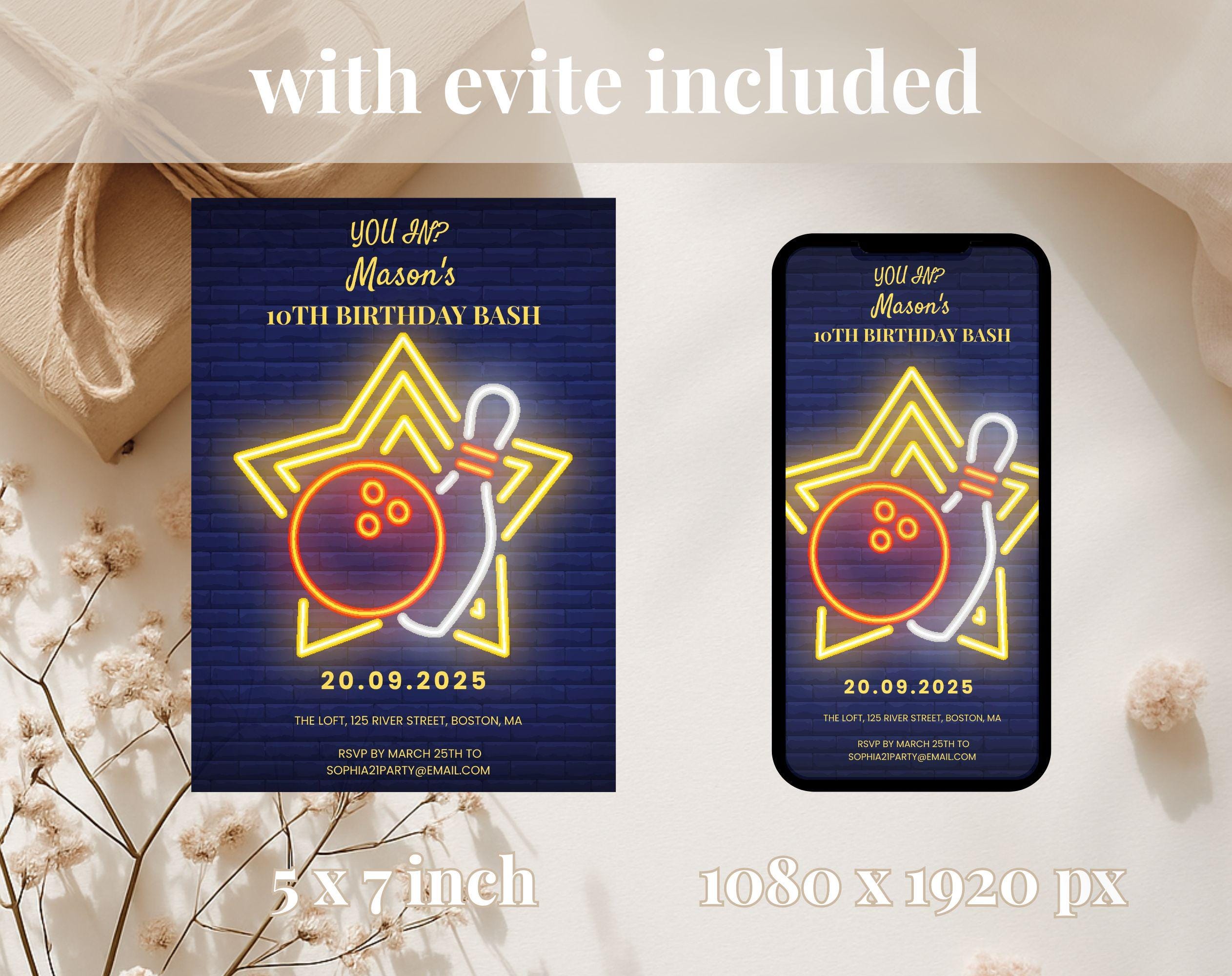 Blue Neon Bowling Birthday Invitation