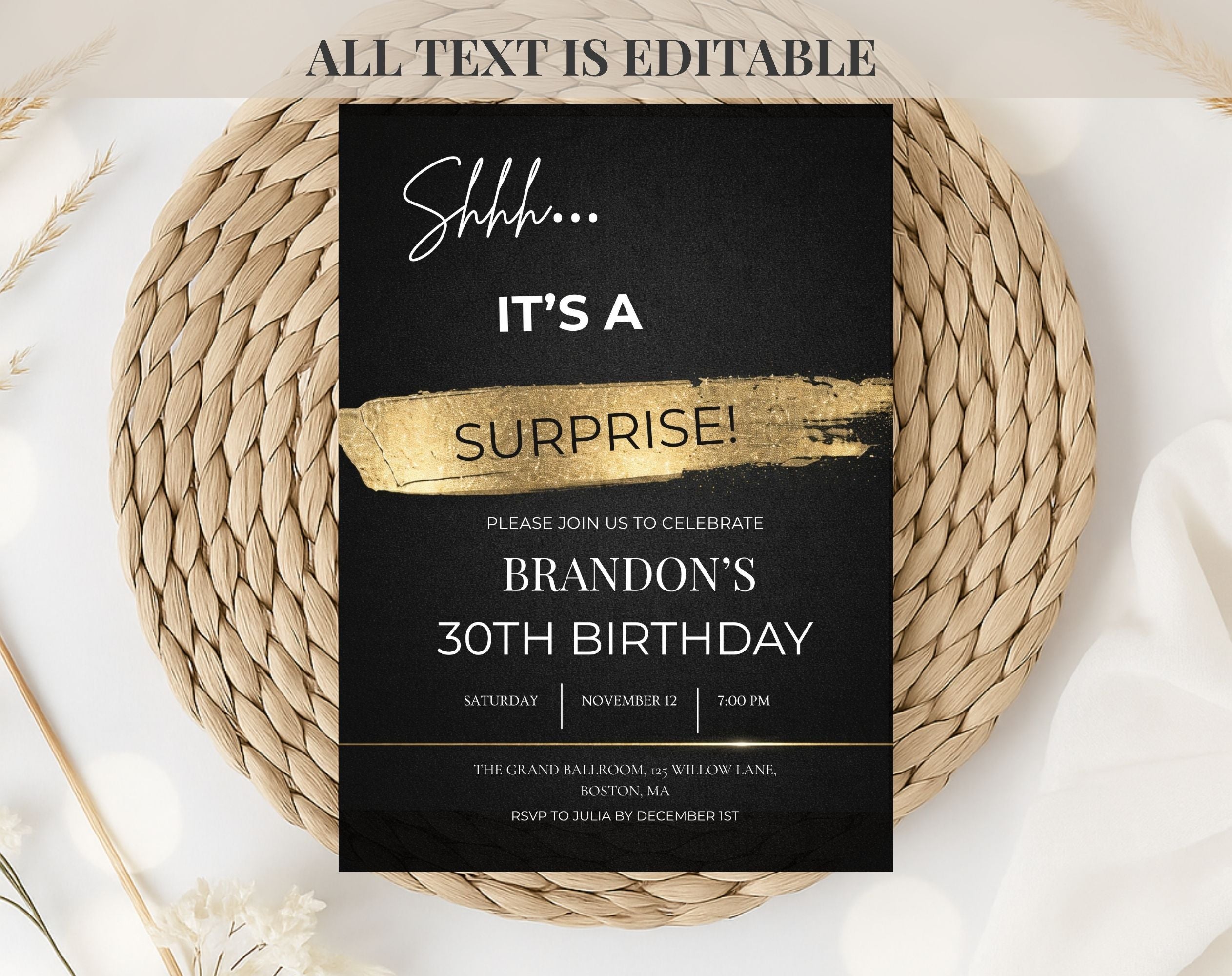 30th gold black Birthday Party Invitation