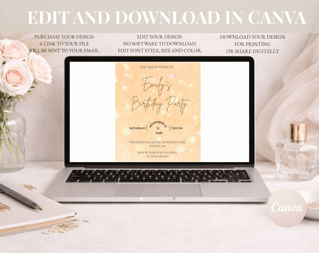 Gold Glitter Birthday Invitation