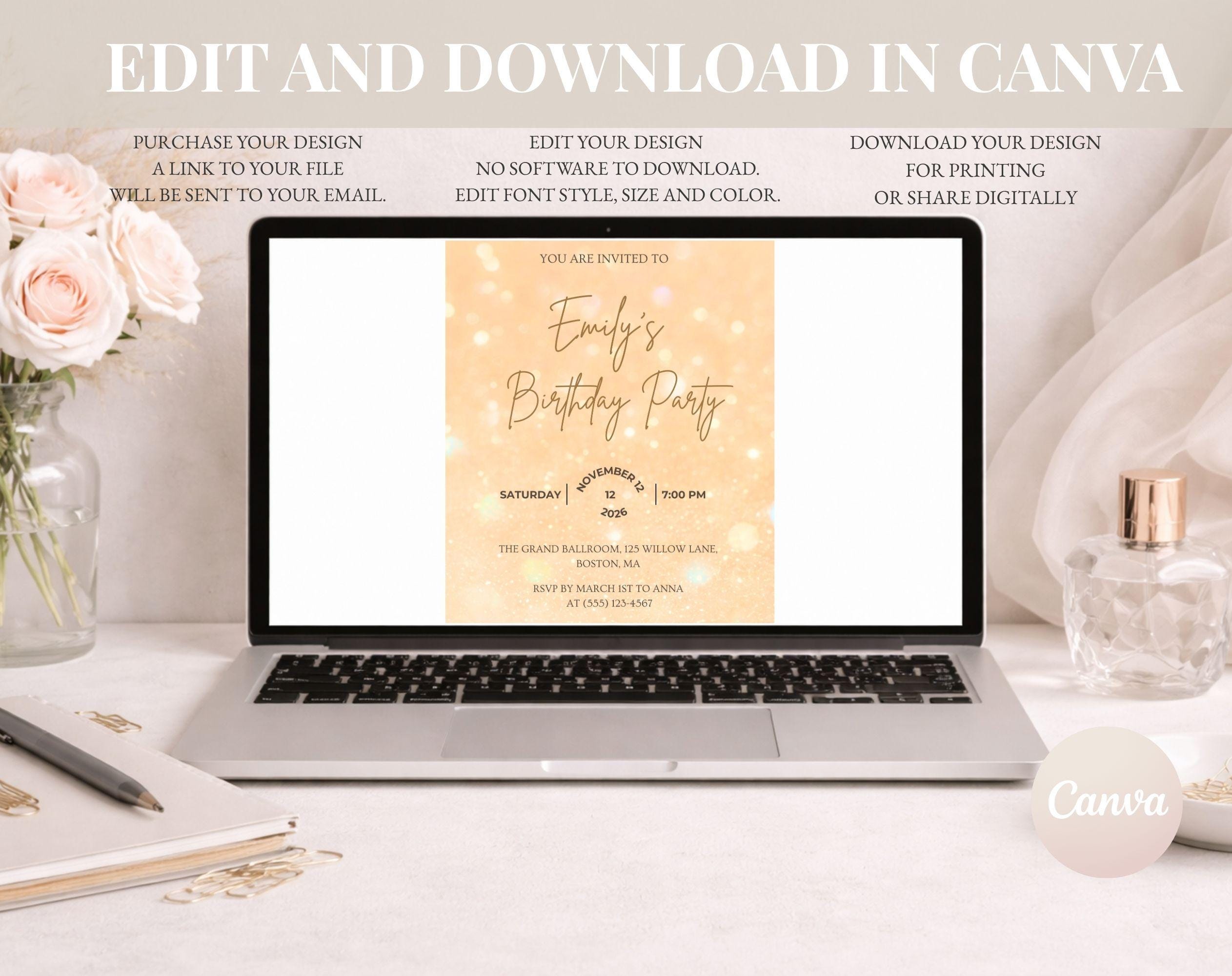 Gold Glitter Birthday Invitation
