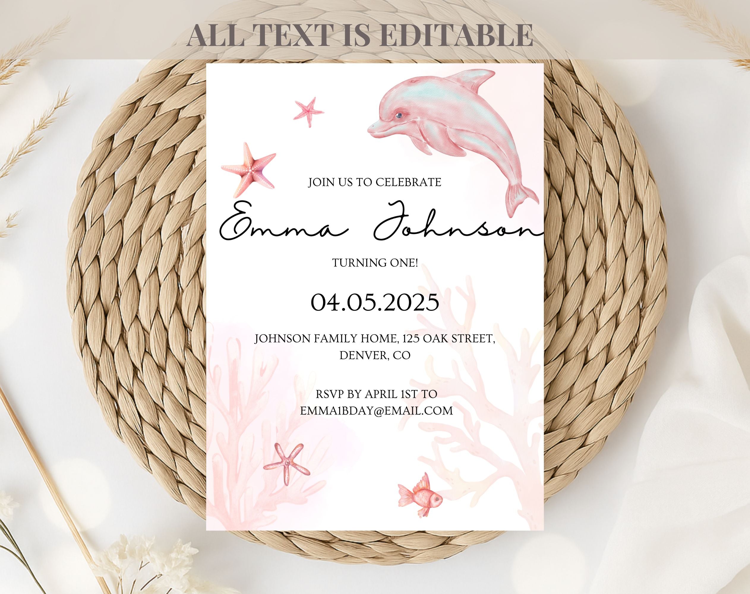 Pink Ocean first Birthday Invitation