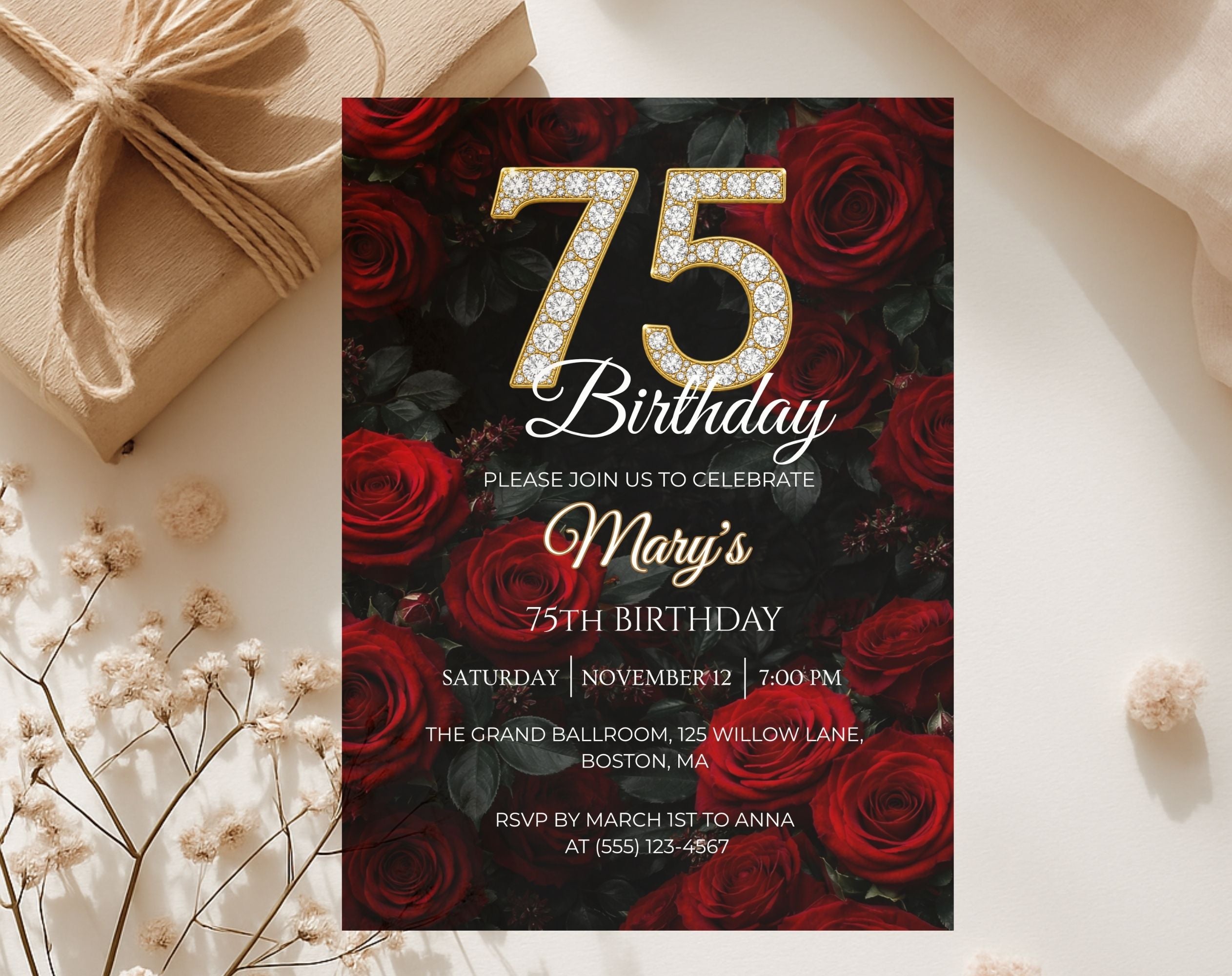 Luxury Red Rose 75th Birthday Invitation
