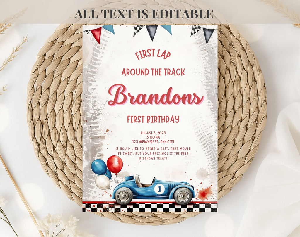 Red Blue Race Car First Birthday Invitation